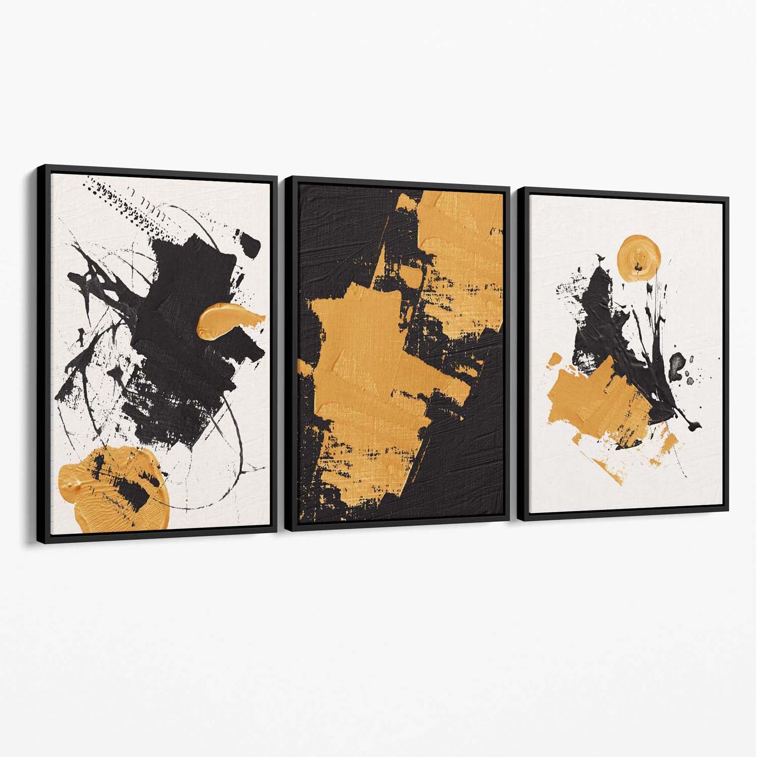 Set of 3 Abstract Oil Black Beige and Yellow Canvas Art Prints with Black Float Frame