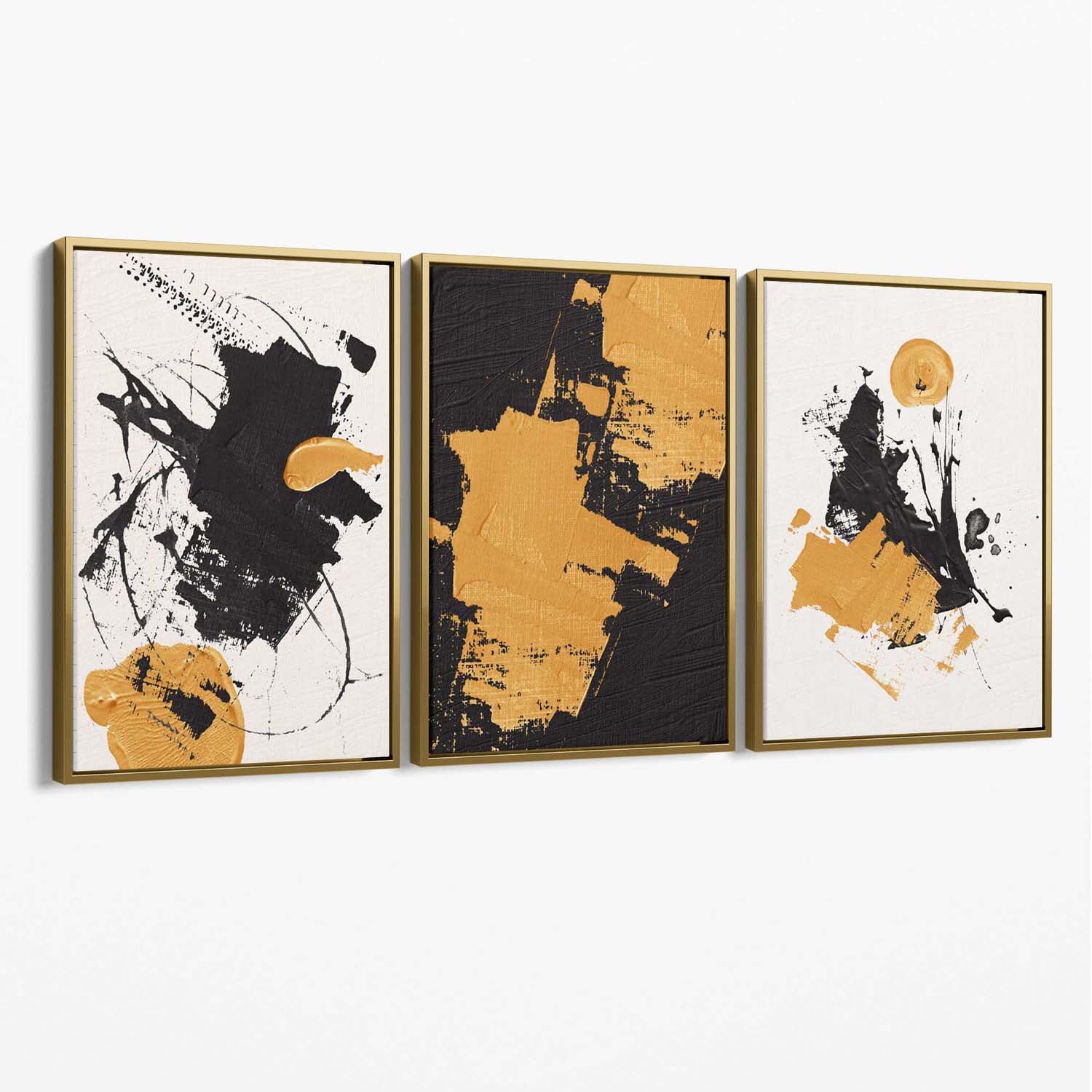 Set of 3 Abstract Oil Black Beige and Yellow Canvas Art Prints with Gold Float Frame