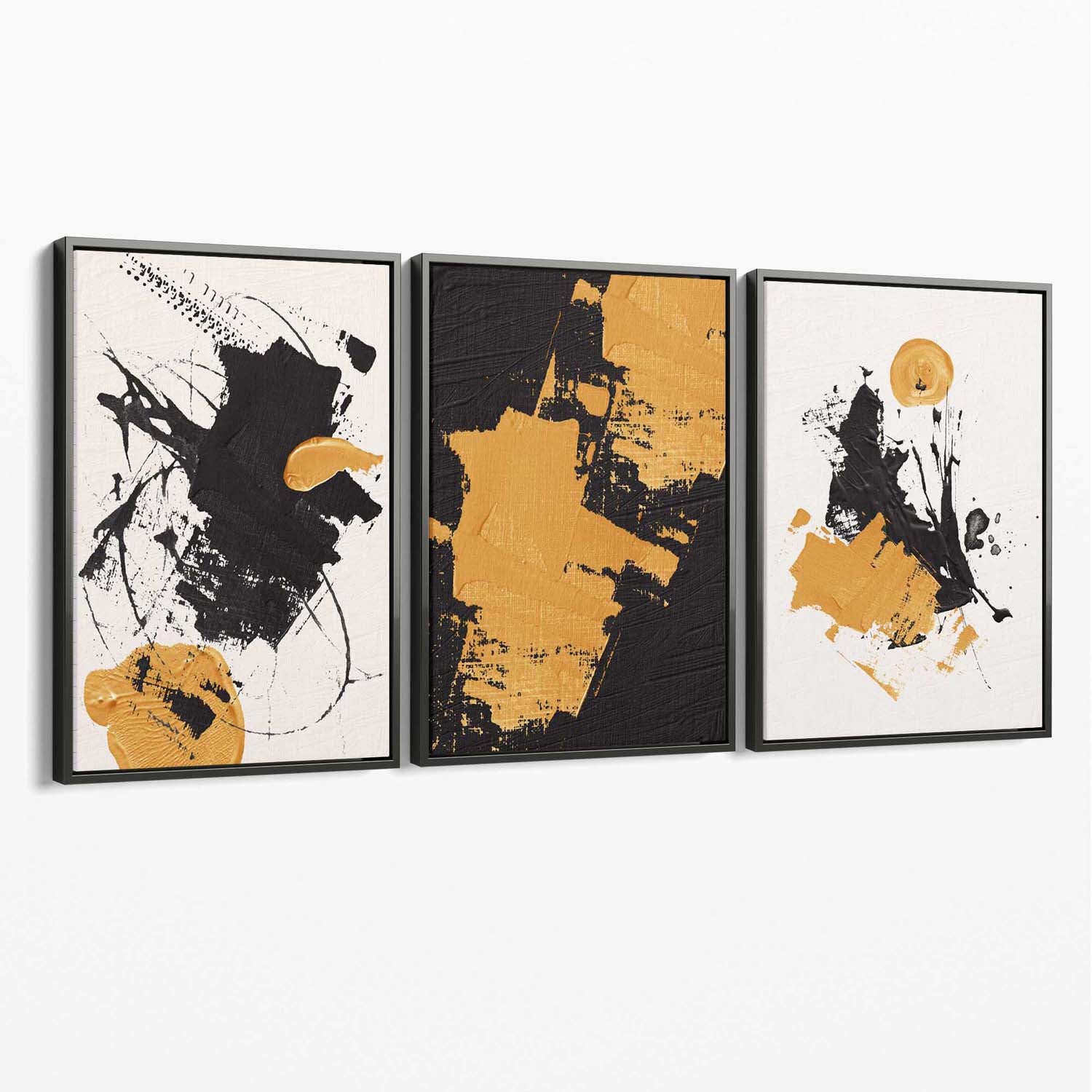 Set of 3 Abstract Oil Black Beige and Yellow Canvas Art Prints with Grey Float Frame