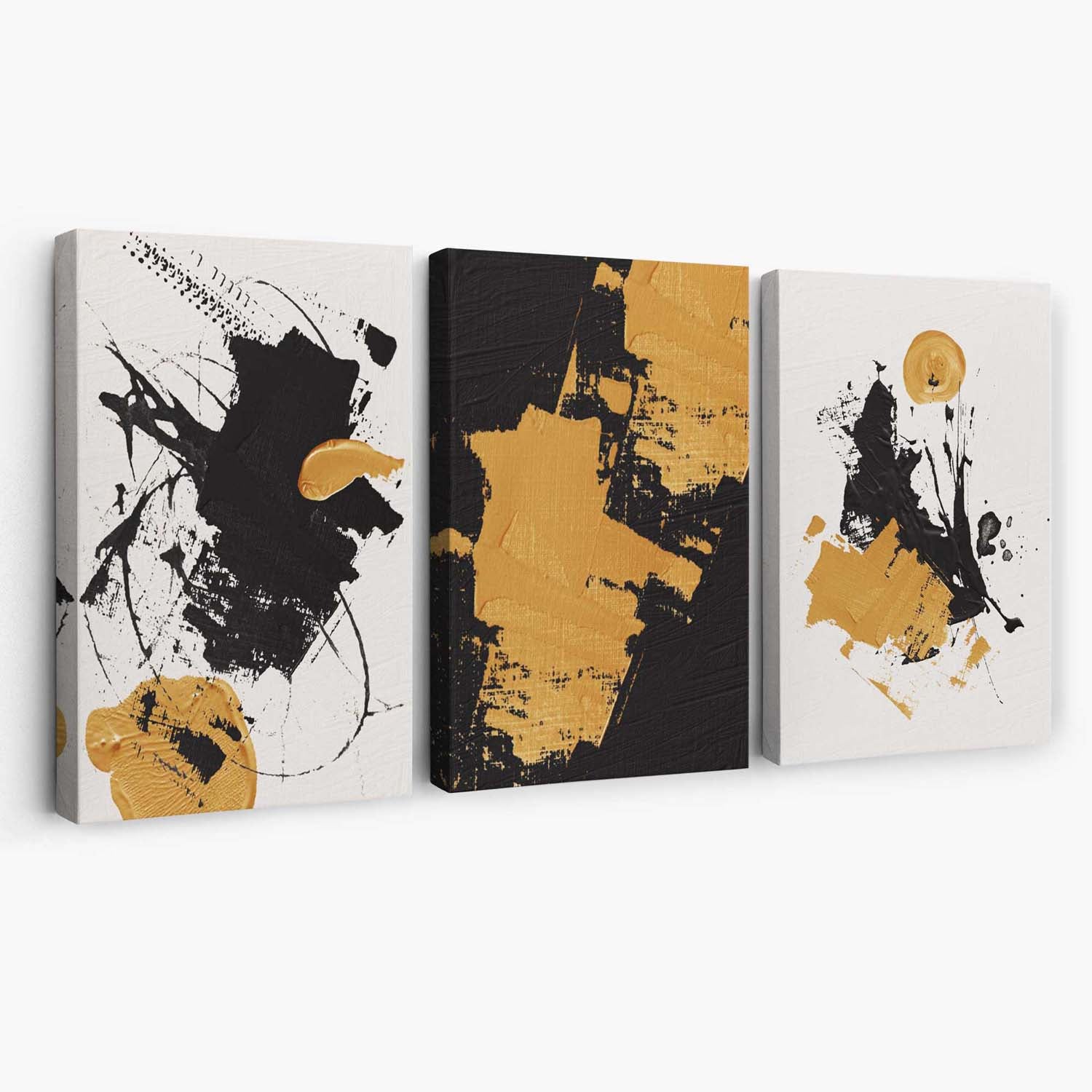 Set of 3 Abstract Oil Black Beige and Yellow Canvas Art Prints | Artze Wall Art