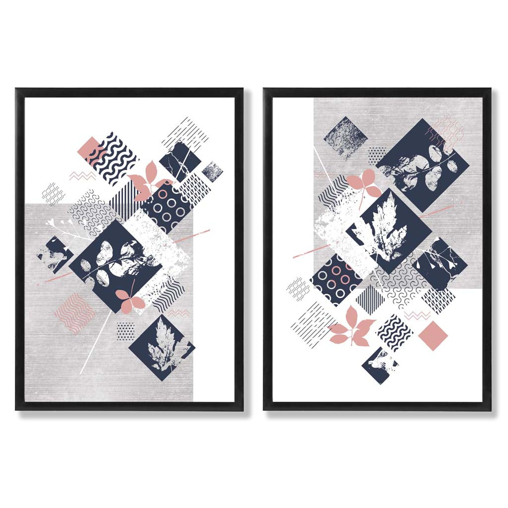 Blue, Pink and Grey Mixed Media Floral Set of 2 Art Prints with Black Frame
