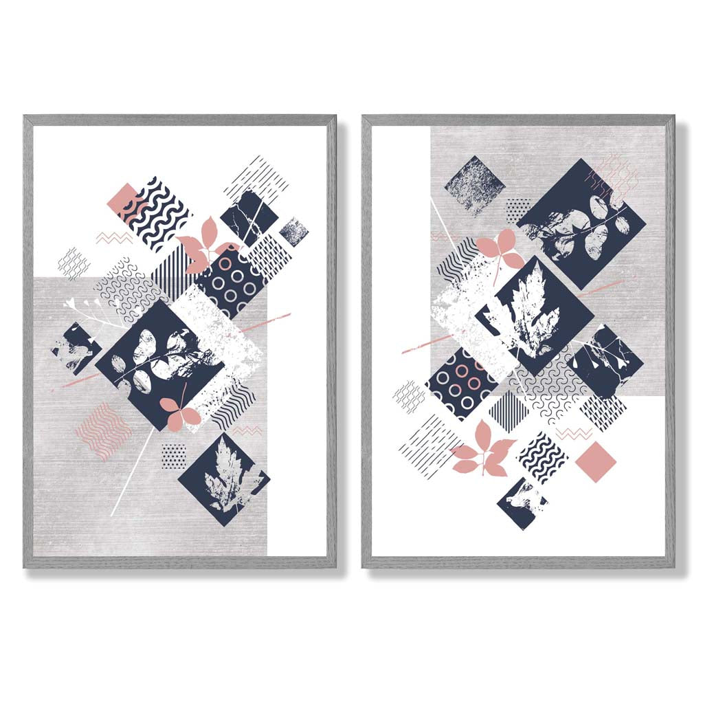 Blue, Pink and Grey Mixed Media Floral Set of 2 Art Prints with Light Grey Frame