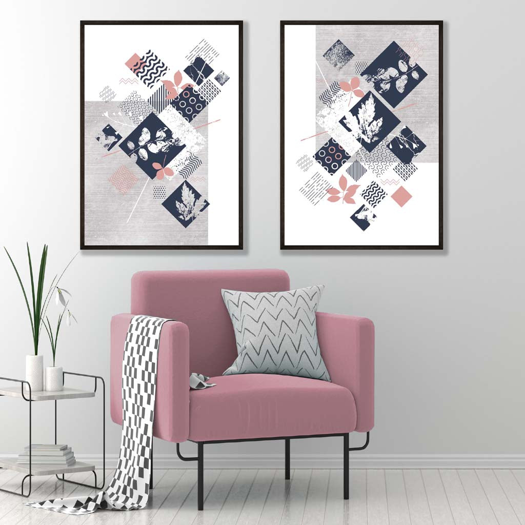 Blue, Pink and Grey Mixed Media Floral Posters | Artze Wall Art UK
