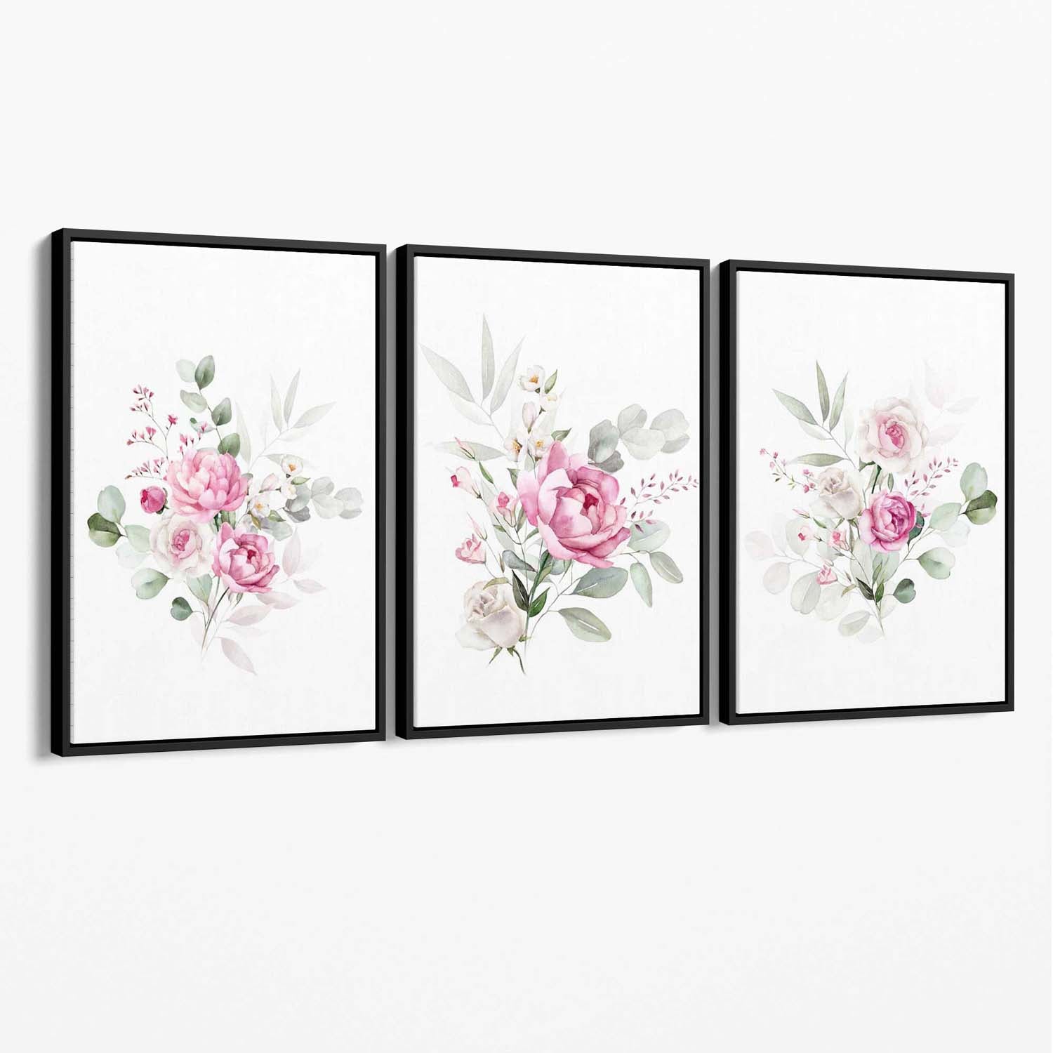 Set of 3 Pink Roses with Eucalyptus Bouquets Canvas Art Prints with Black Float Frame