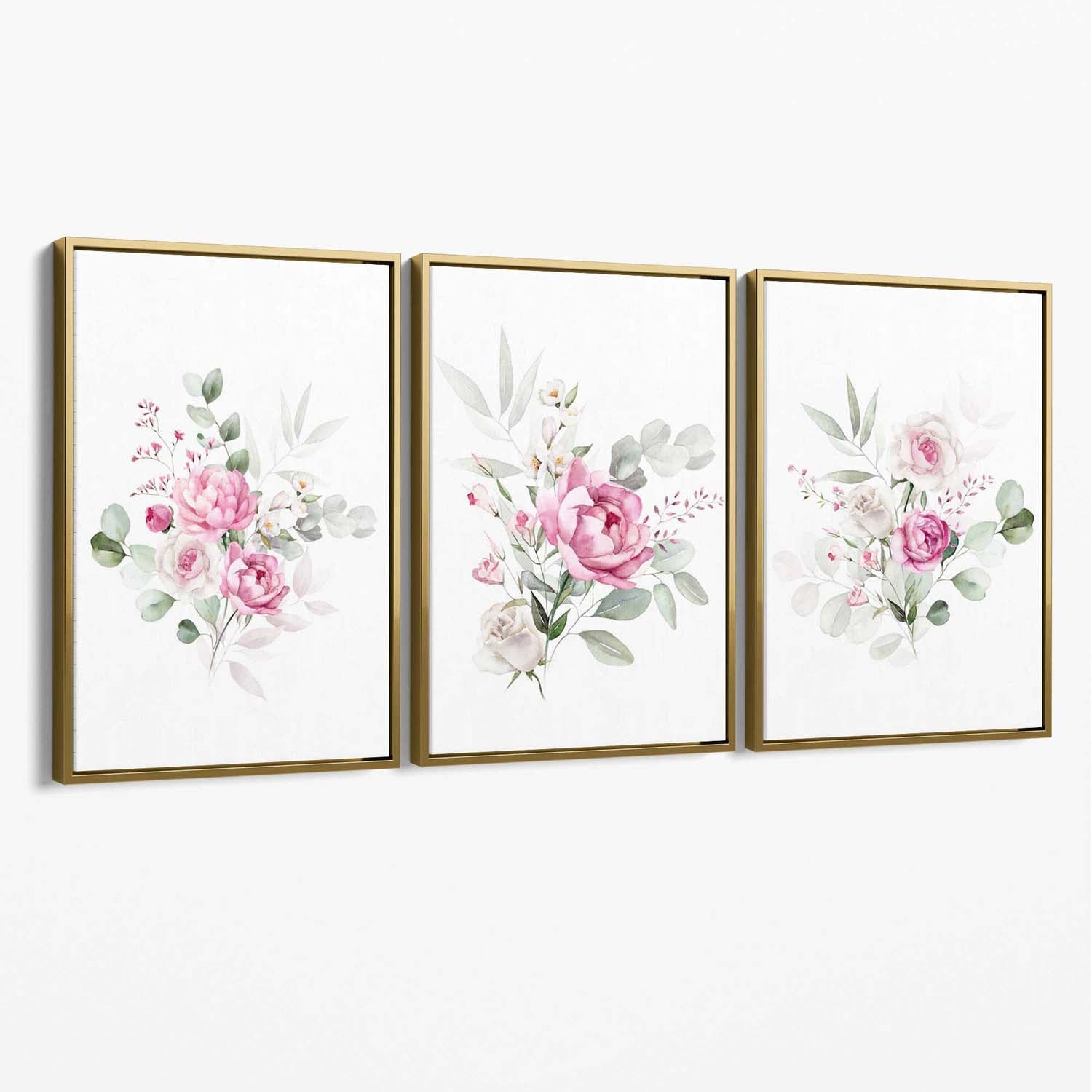 Set of 3 Pink Roses with Eucalyptus Bouquets Canvas Art Prints with Gold Float Frame