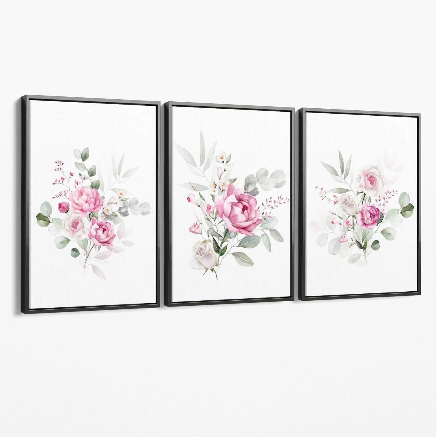 Set of 3 Pink Roses with Eucalyptus Bouquets Canvas Art Prints with Grey Float Frame