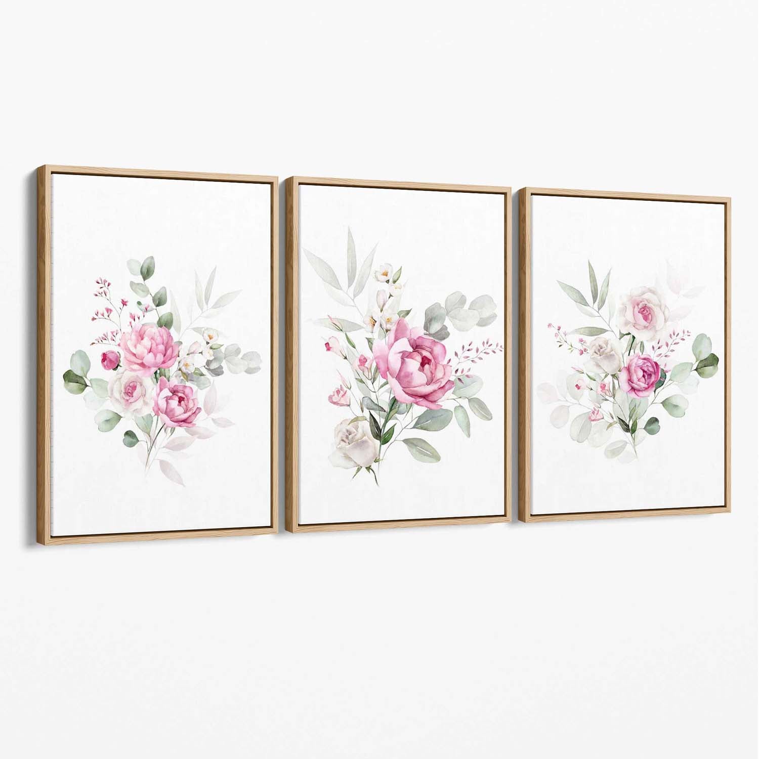 Set of 3 Pink Roses with Eucalyptus Bouquets Canvas Art Prints with Oak Float Frame