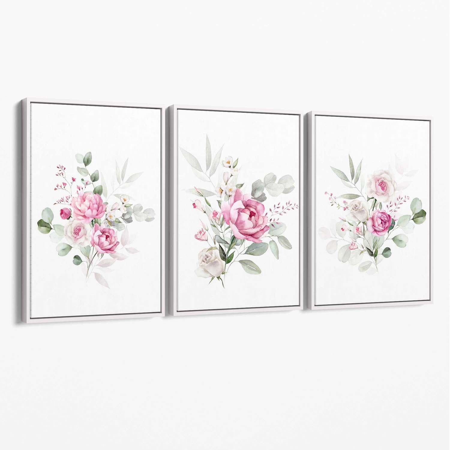 Set of 3 Pink Roses with Eucalyptus Bouquets Canvas Art Prints with White Float Frame