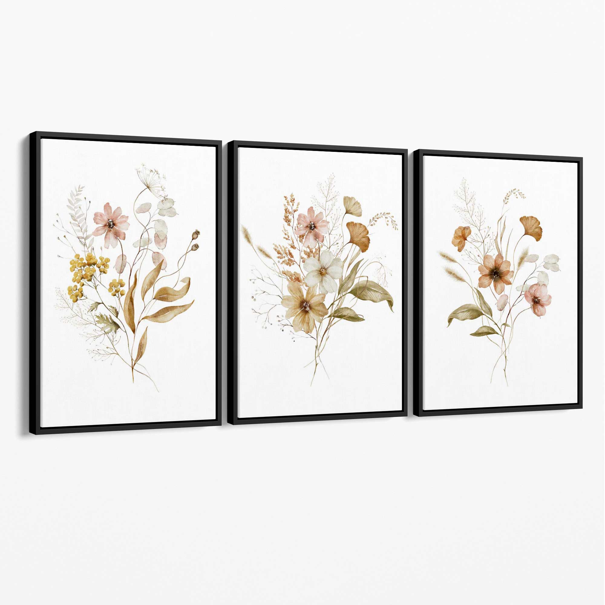 Autumn Wild Flower Bouquets Set of 3 Canvas Art Prints with Black Float Frame