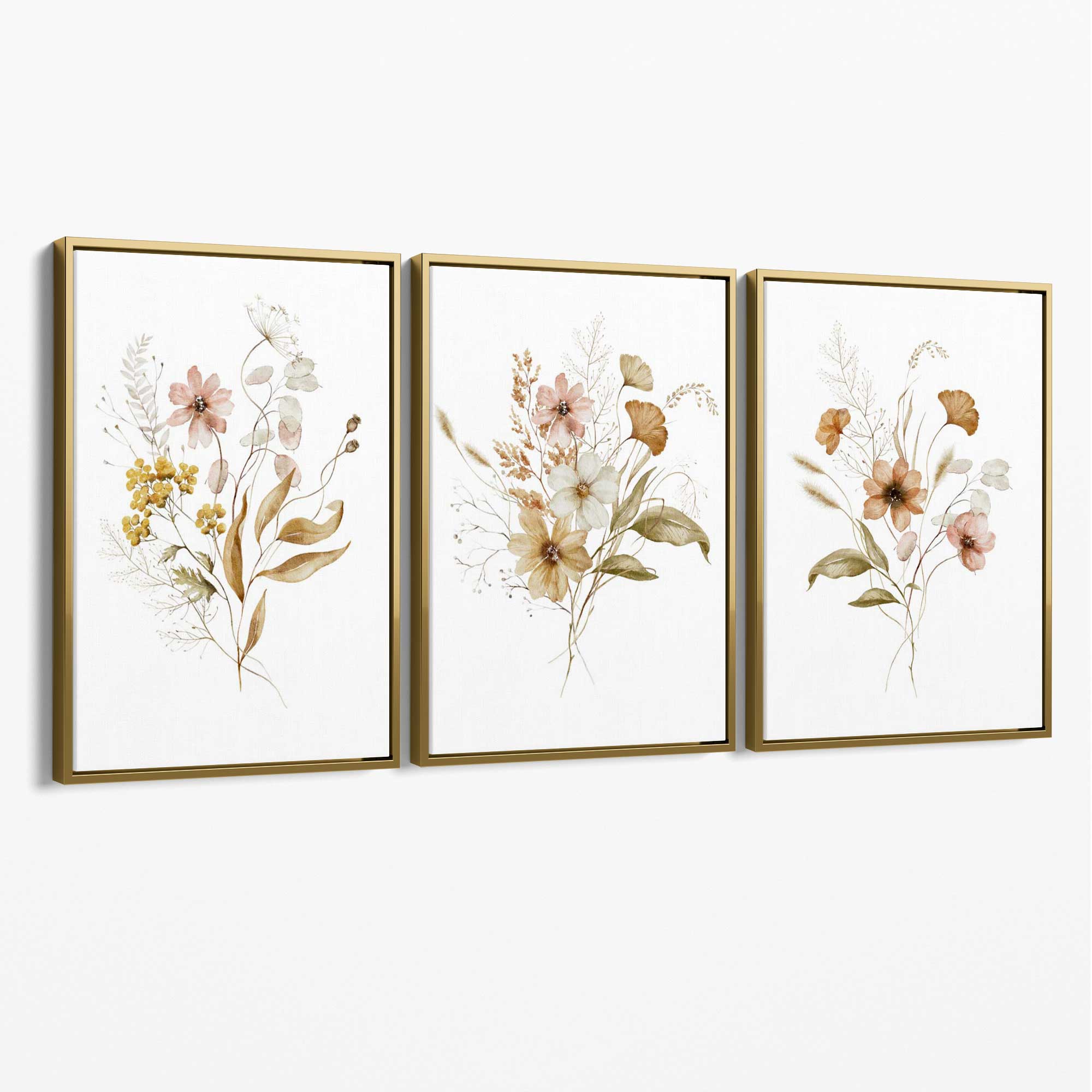 Autumn Wild Flower Bouquets Set of 3 Canvas Art Prints with Gold Float Frame