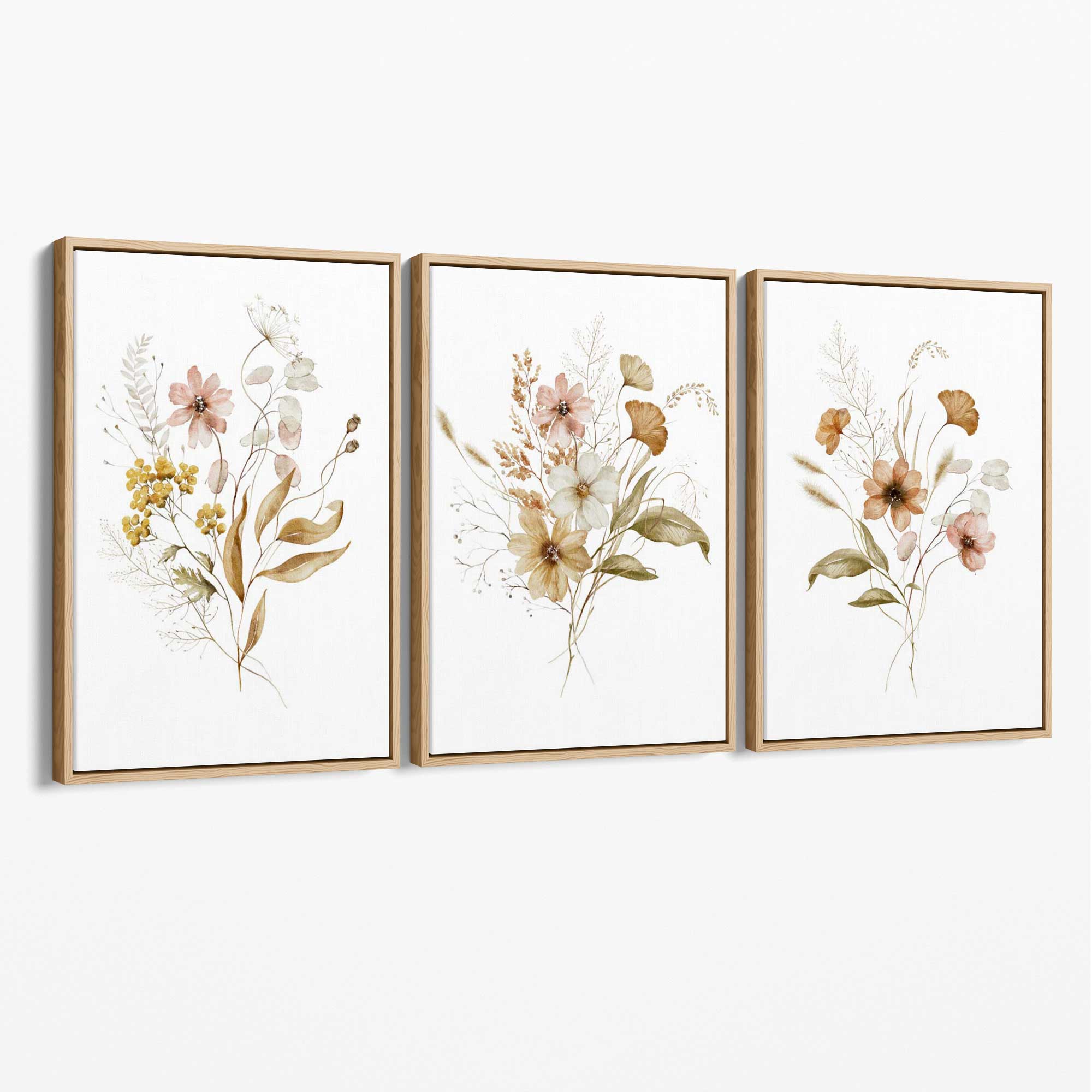 Autumn Wild Flower Bouquets Set of 3 Canvas Art Prints with Oak Float Frame