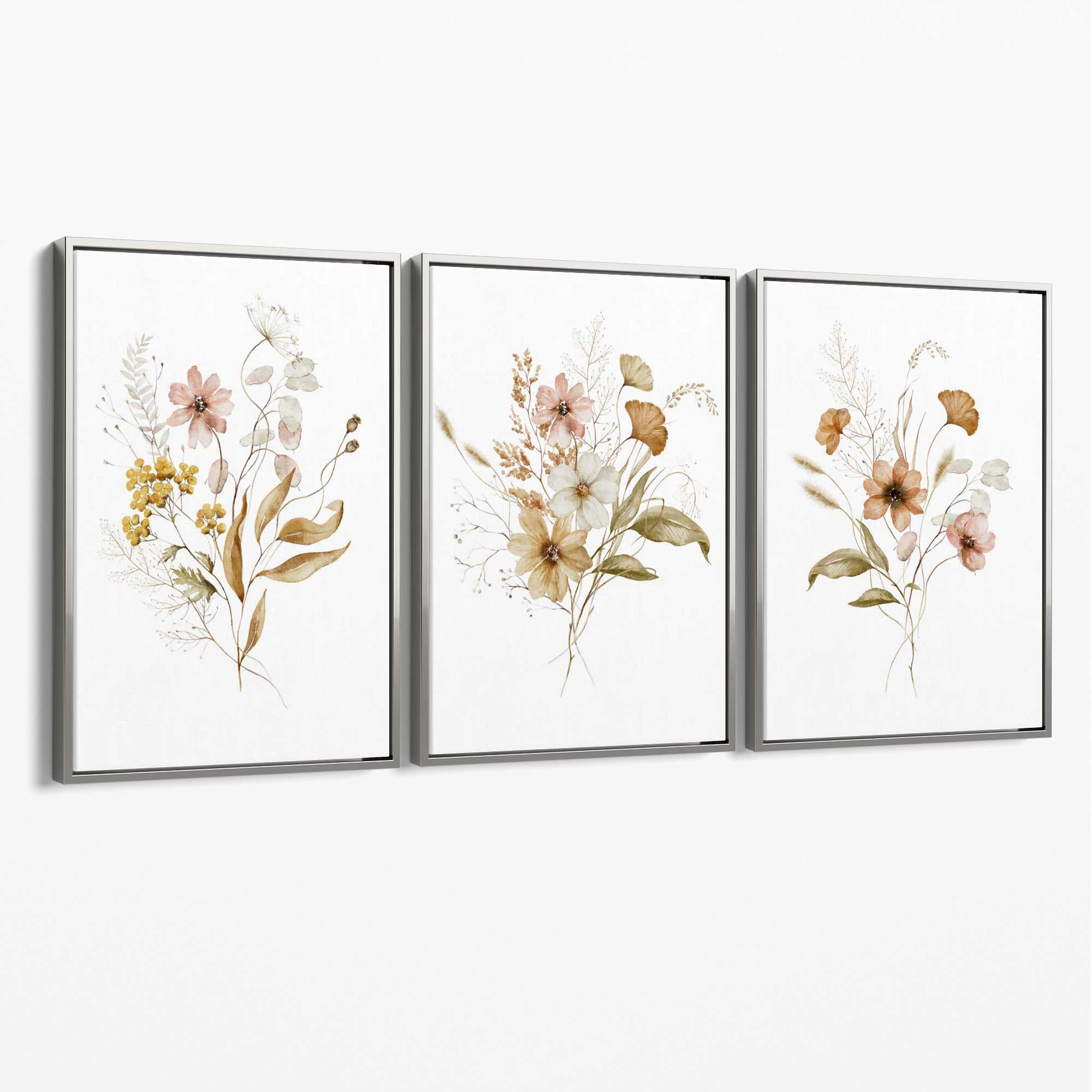 Autumn Wild Flower Bouquets Set of 3 Canvas Art Prints with Silver Float Frame