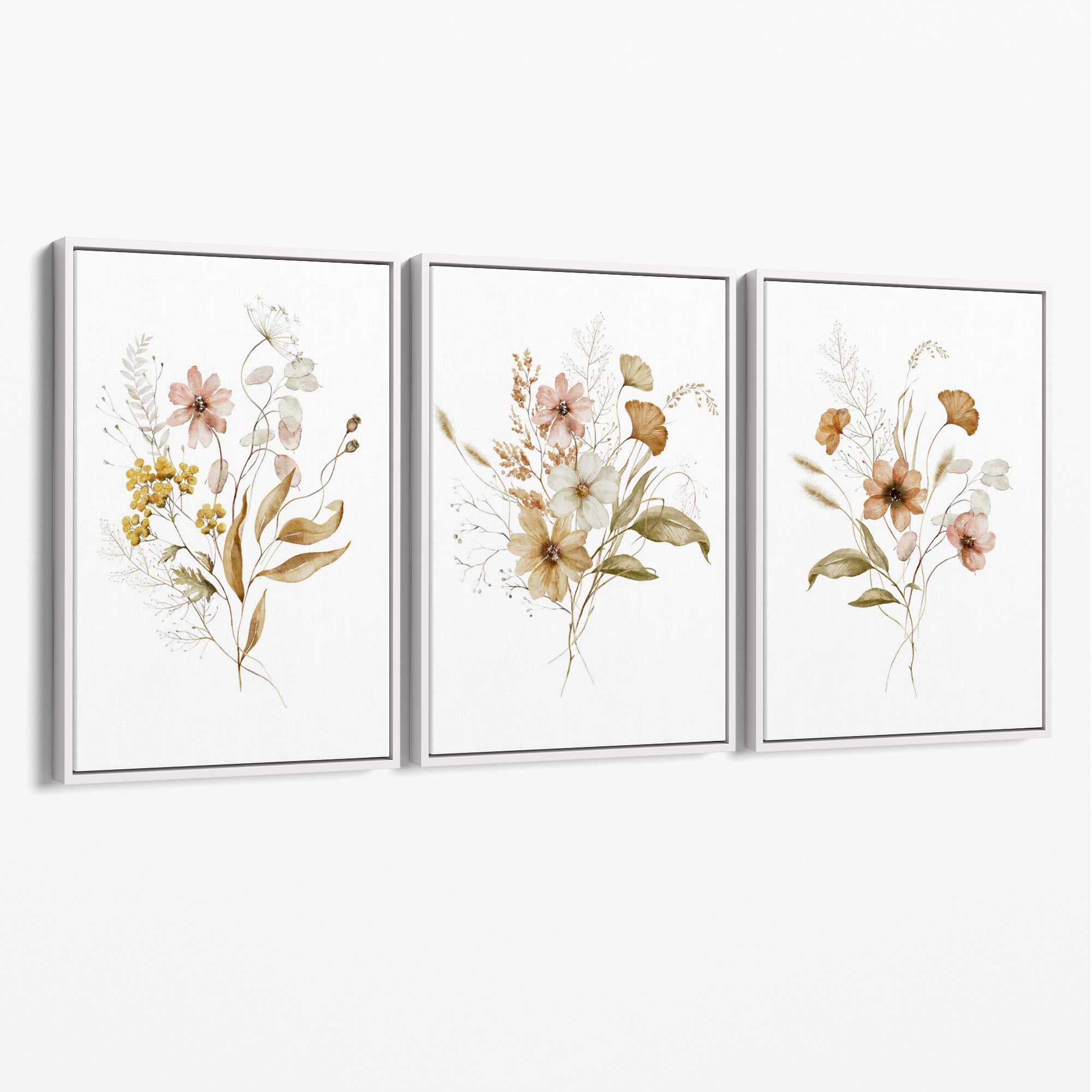 Autumn Wild Flower Bouquets Set of 3 Canvas Art Prints with White Float Frame