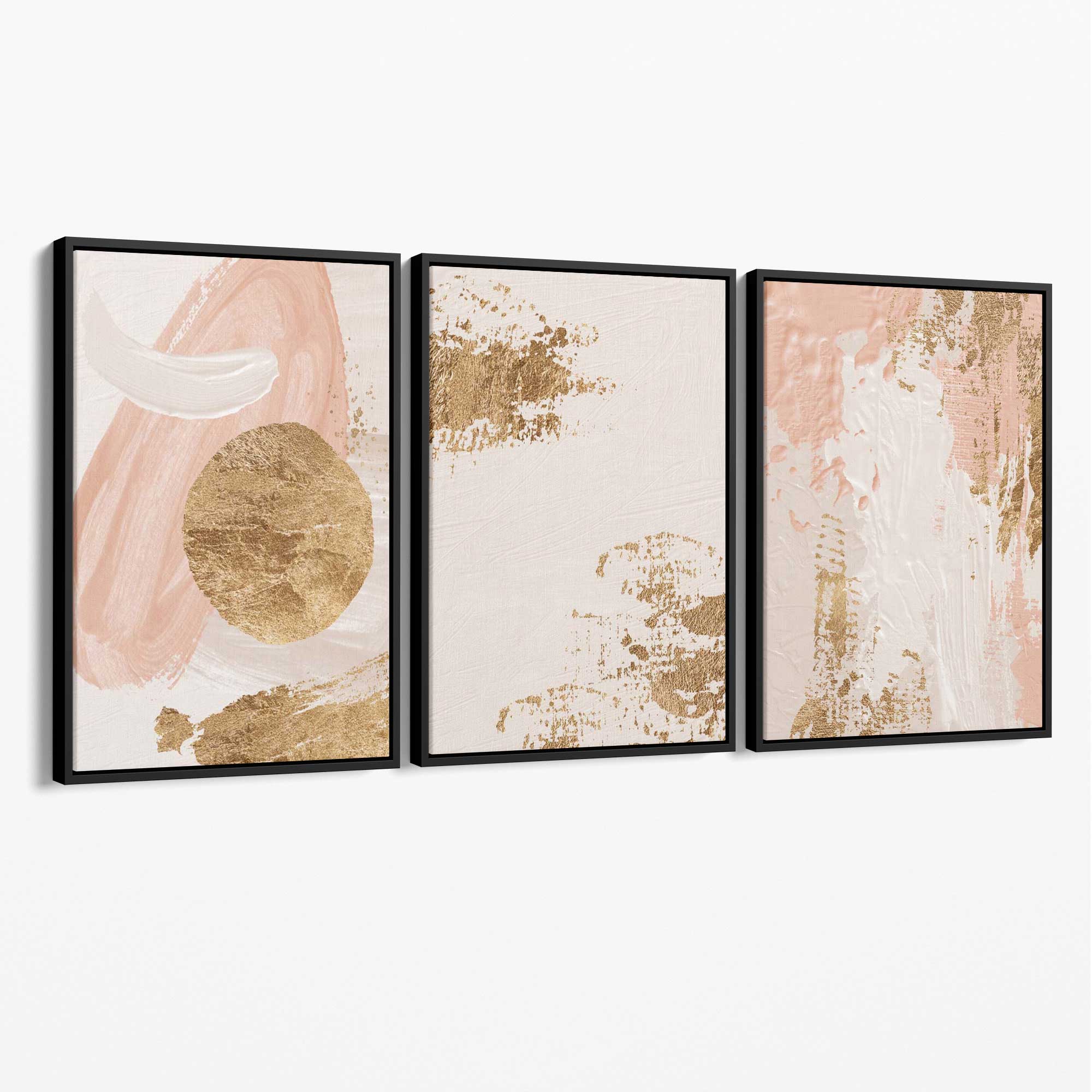 Set of 3 Abstract Blush Pink and Gold Canvas Art Prints with Black Float Frame