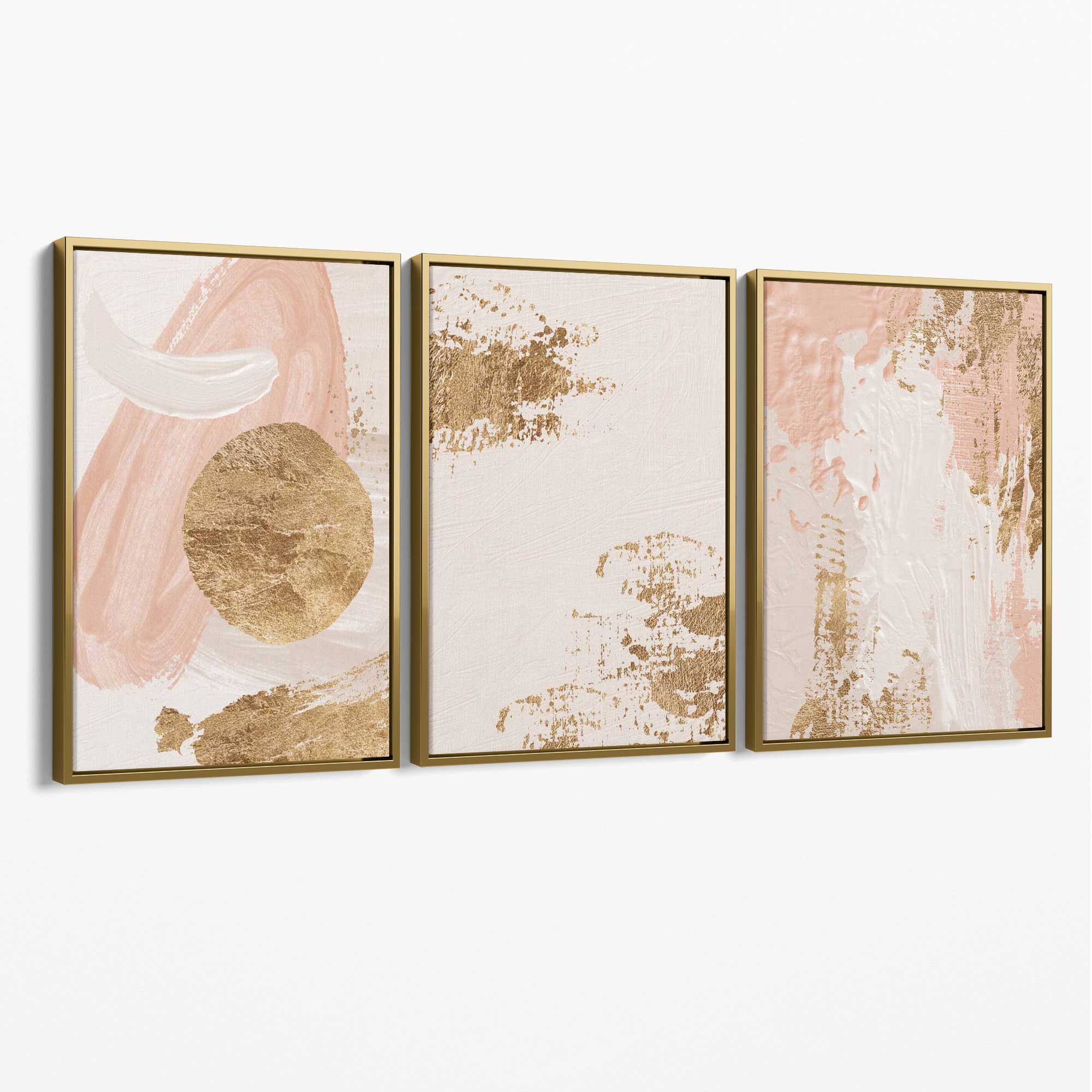 Set of 3 Abstract Blush Pink and Gold Canvas Art Prints with Gold Float Frame