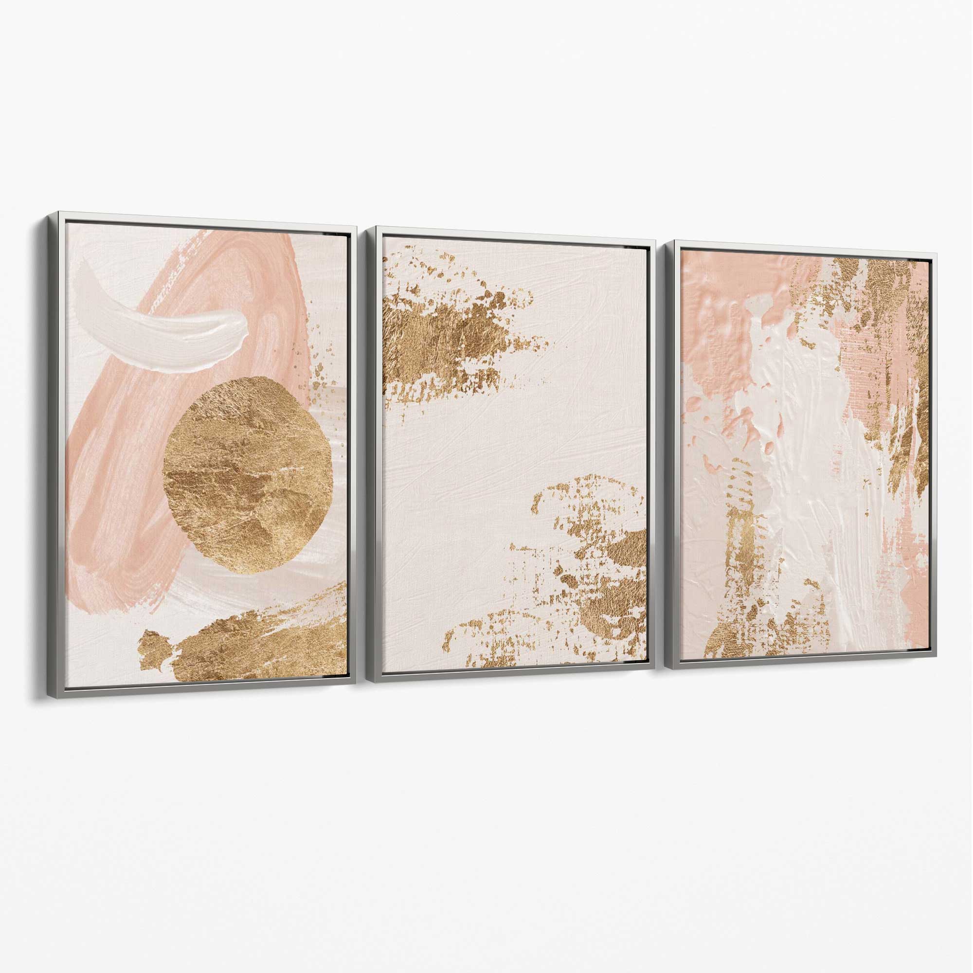 Set of 3 Abstract Blush Pink and Gold Canvas Art Prints with Silver Float Frame