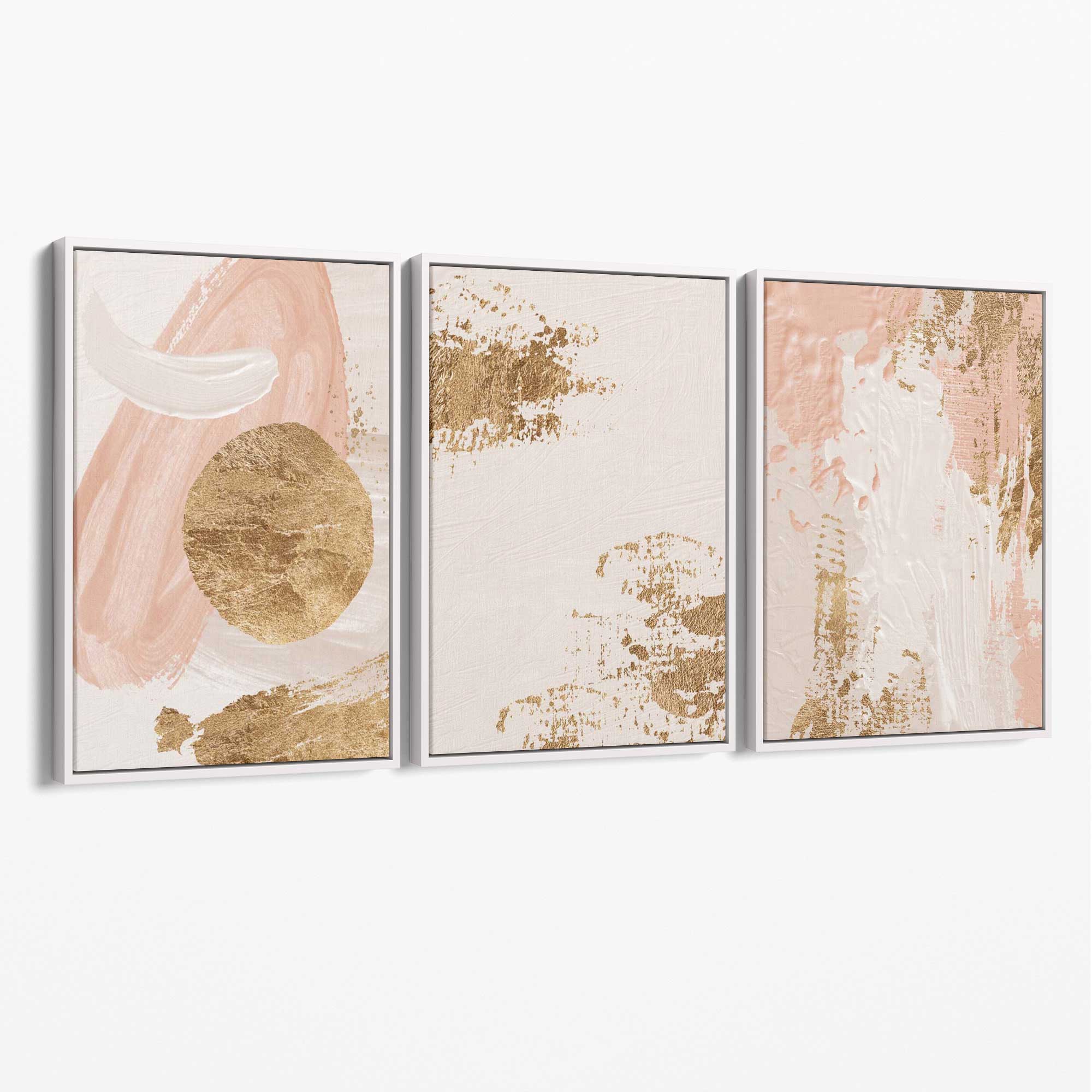 Set of 3 Abstract Blush Pink and Gold Canvas Art Prints with White Float Frame