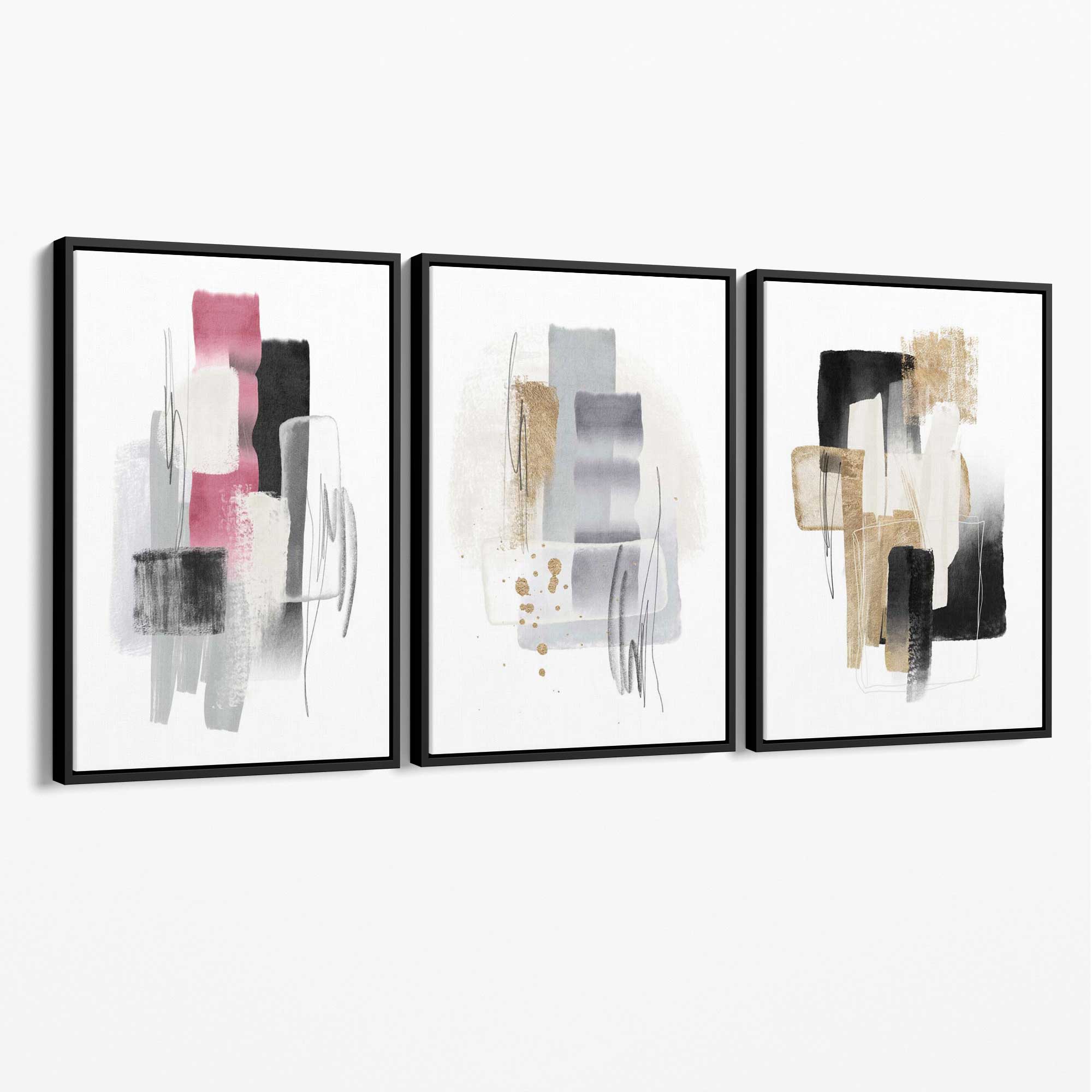 Set of 3 Abstract Black Pink and Silver Canvas Art Prints with Black Float Frame