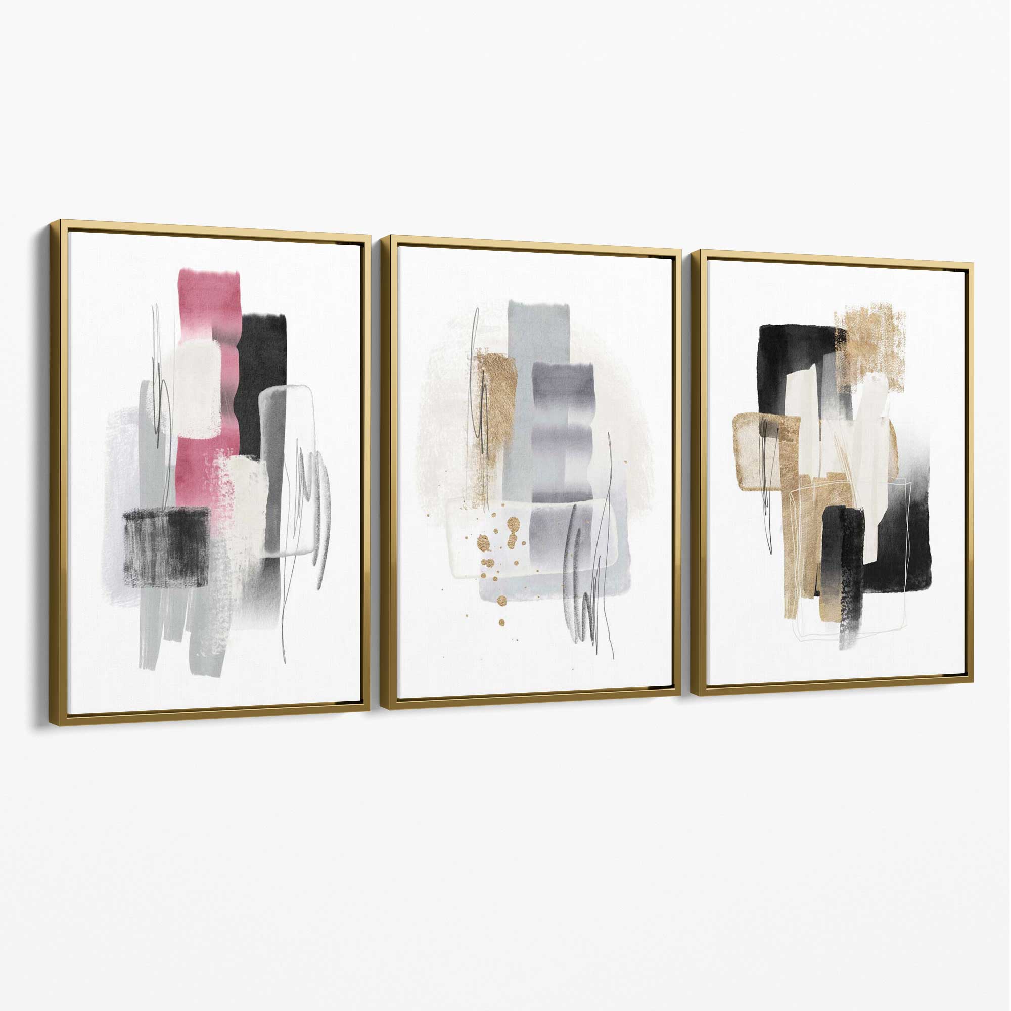 Set of 3 Abstract Black Pink and Silver Canvas Art Prints with Gold Float Frame