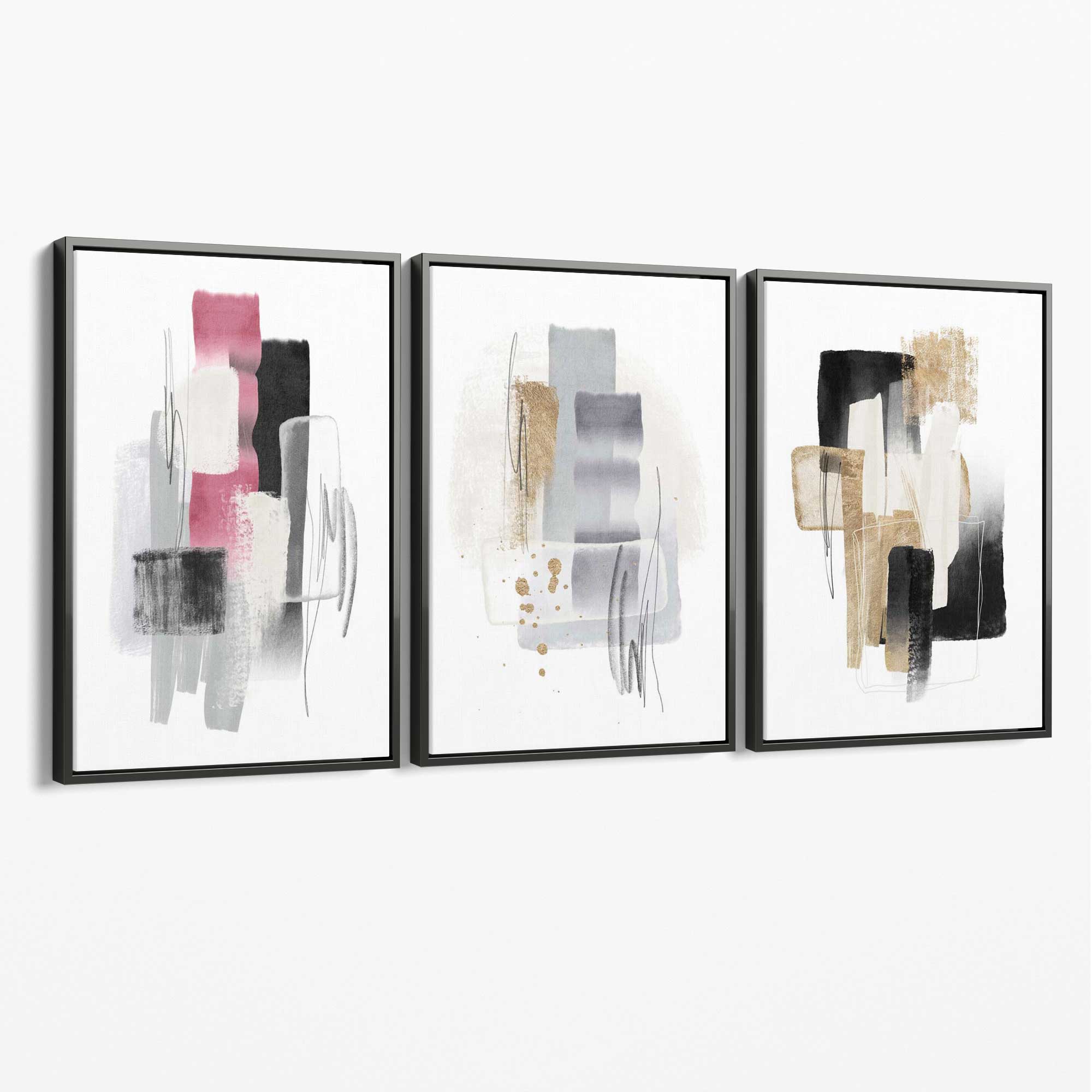 Set of 3 Abstract Black Pink and Silver Canvas Art Prints with Grey Float Frame