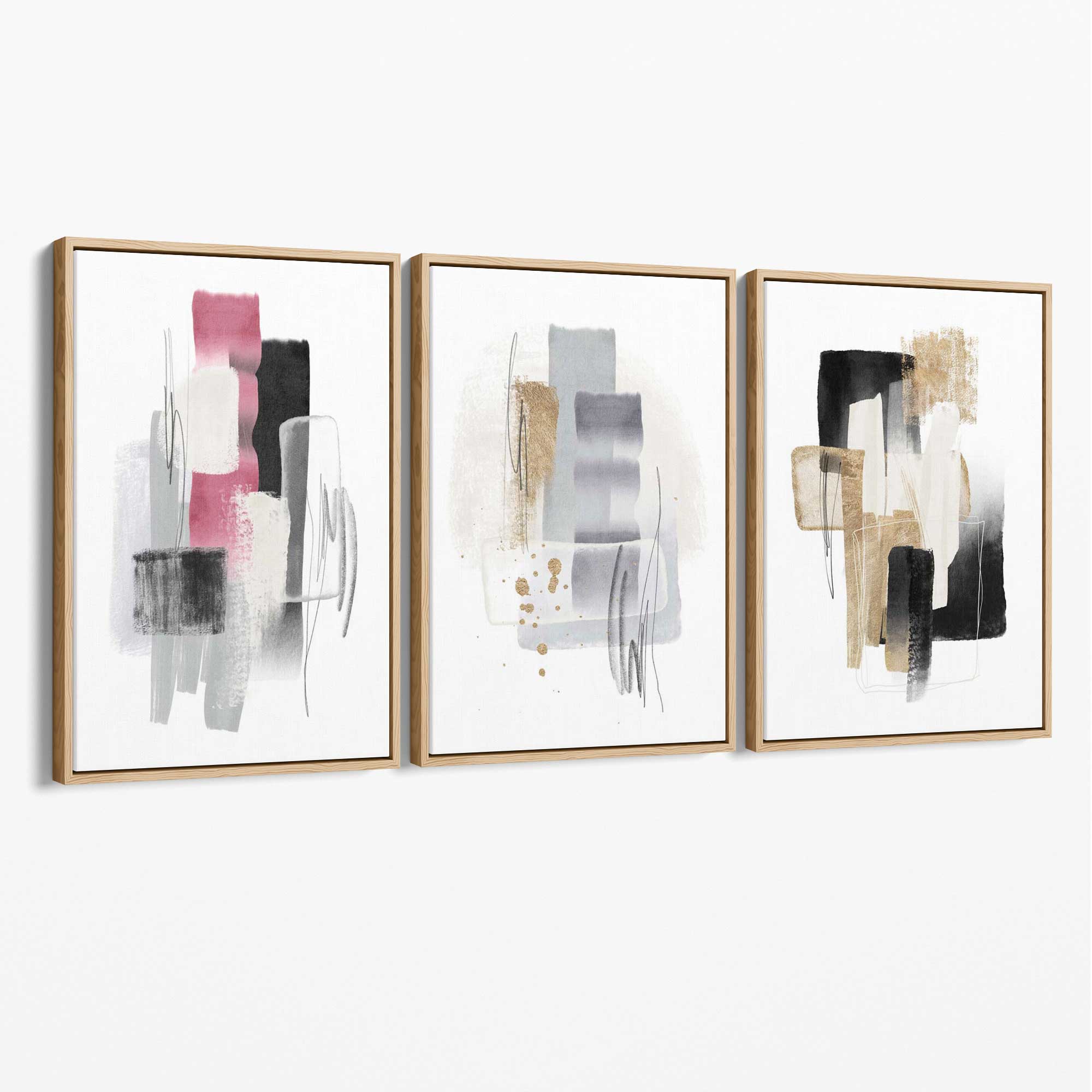 Set of 3 Abstract Black Pink and Silver Canvas Art Prints with Oak Float Frame