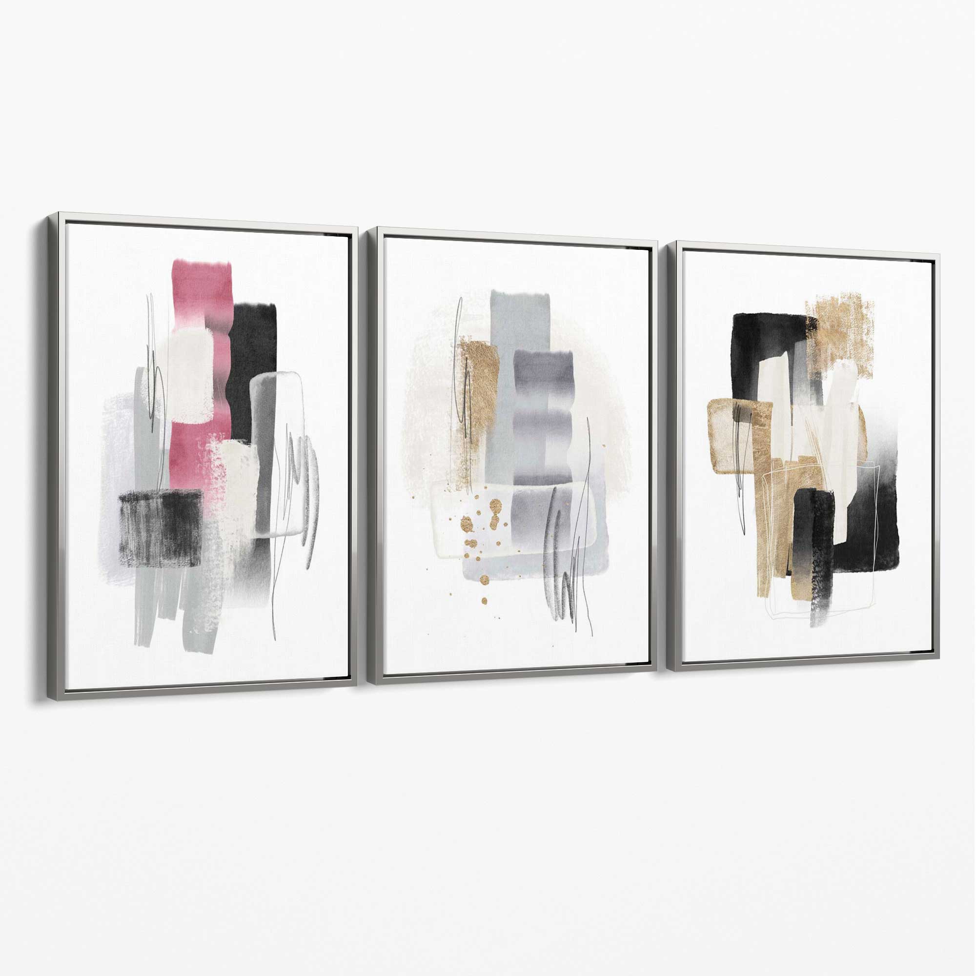 Set of 3 Abstract Black Pink and Silver Canvas Art Prints with Silver Float Frame