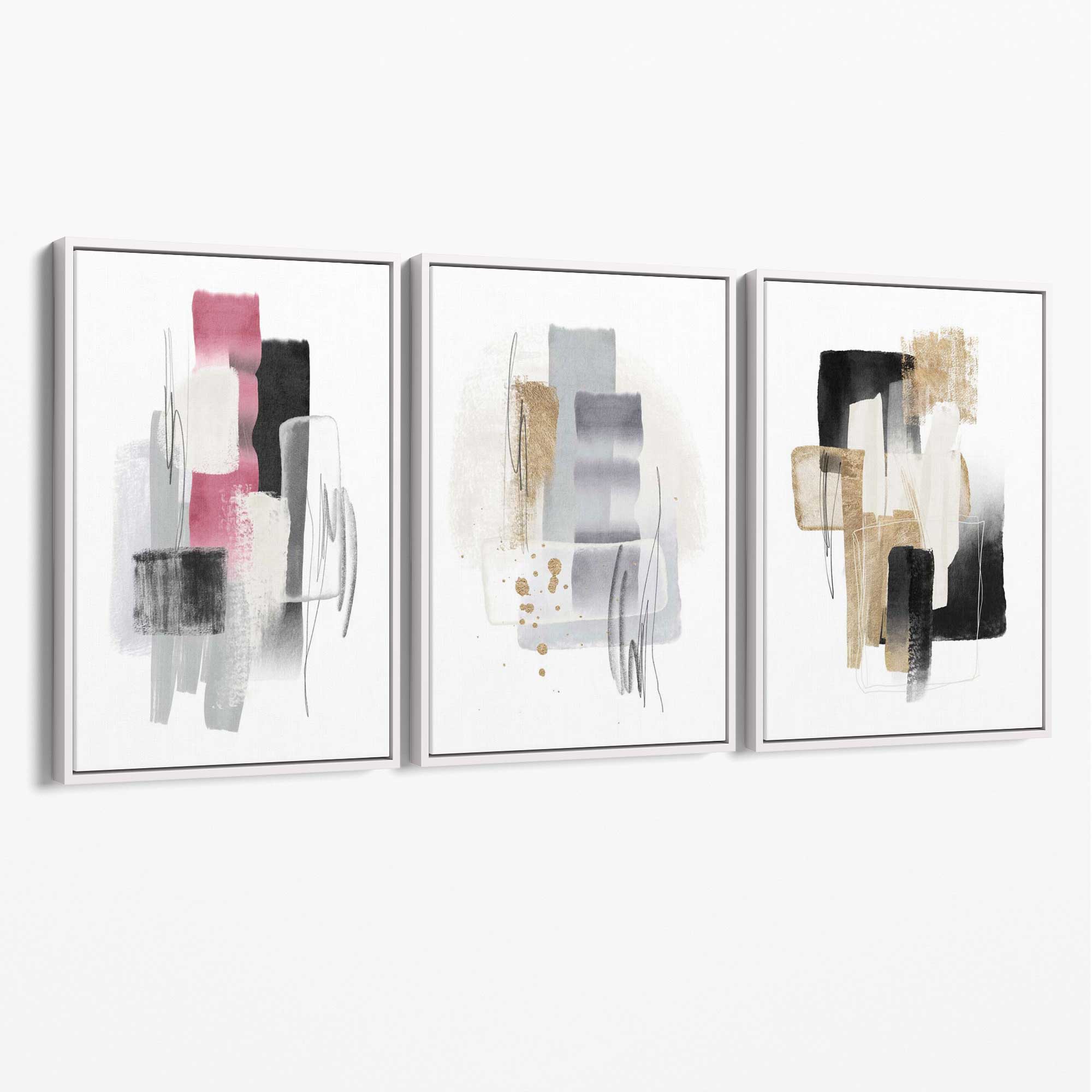 Set of 3 Abstract Black Pink and Silver Canvas Art Prints with White Float Frame