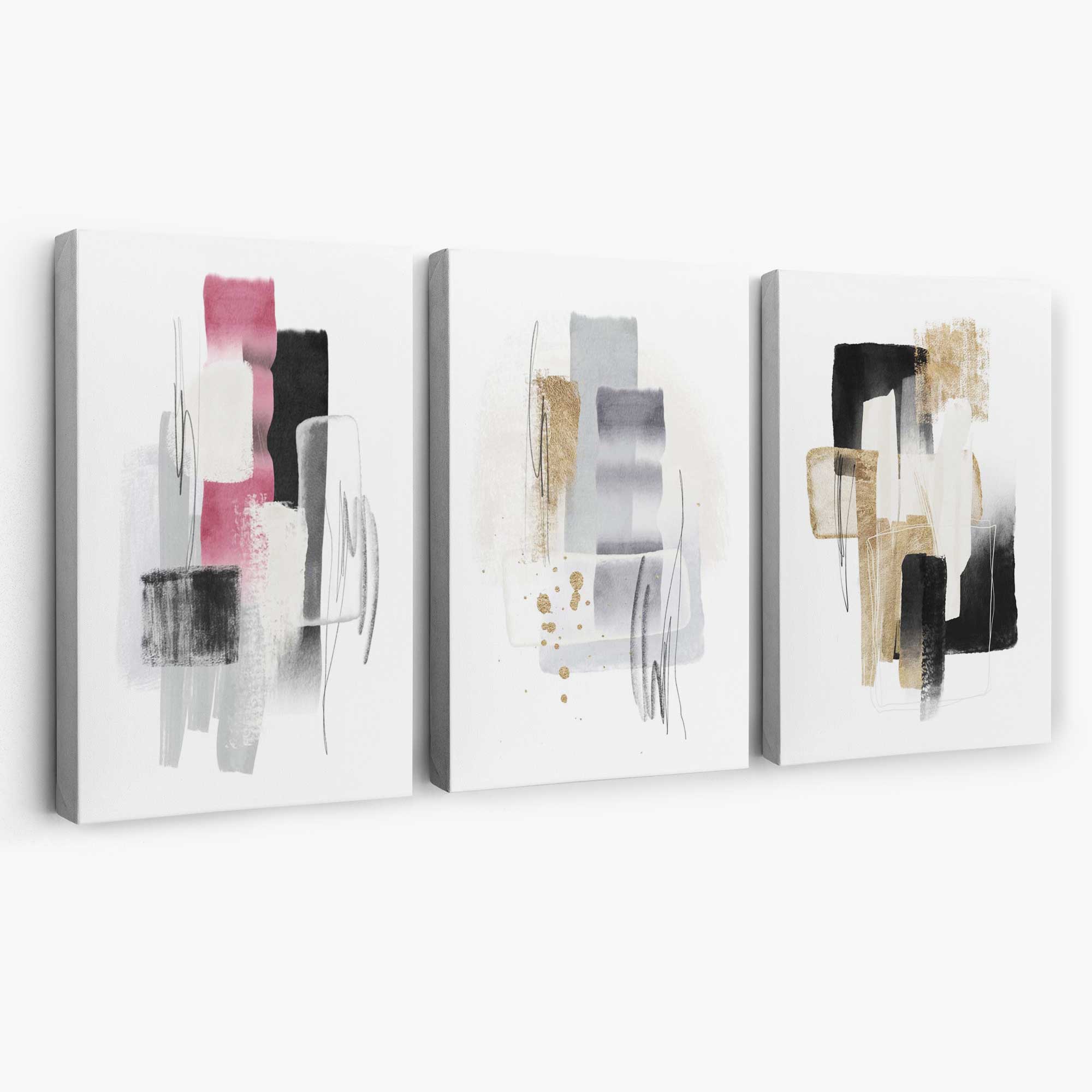 Set of 3 Abstract Black Pink and Silver Canvas Art Prints | Artze Wall Art