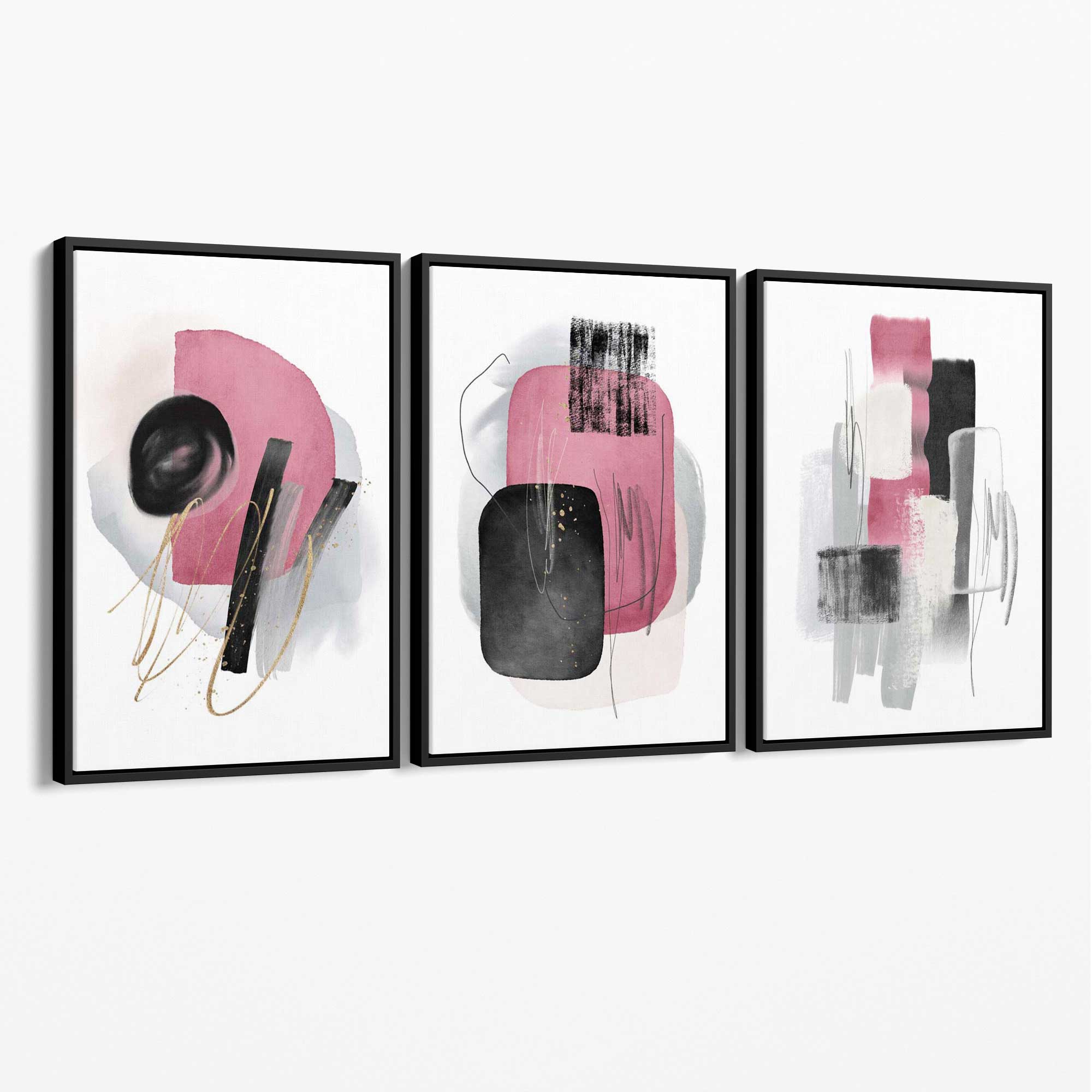 Set of 3 Abstract Black and Pink Watercolour Canvas Art Prints with Black Float Frame