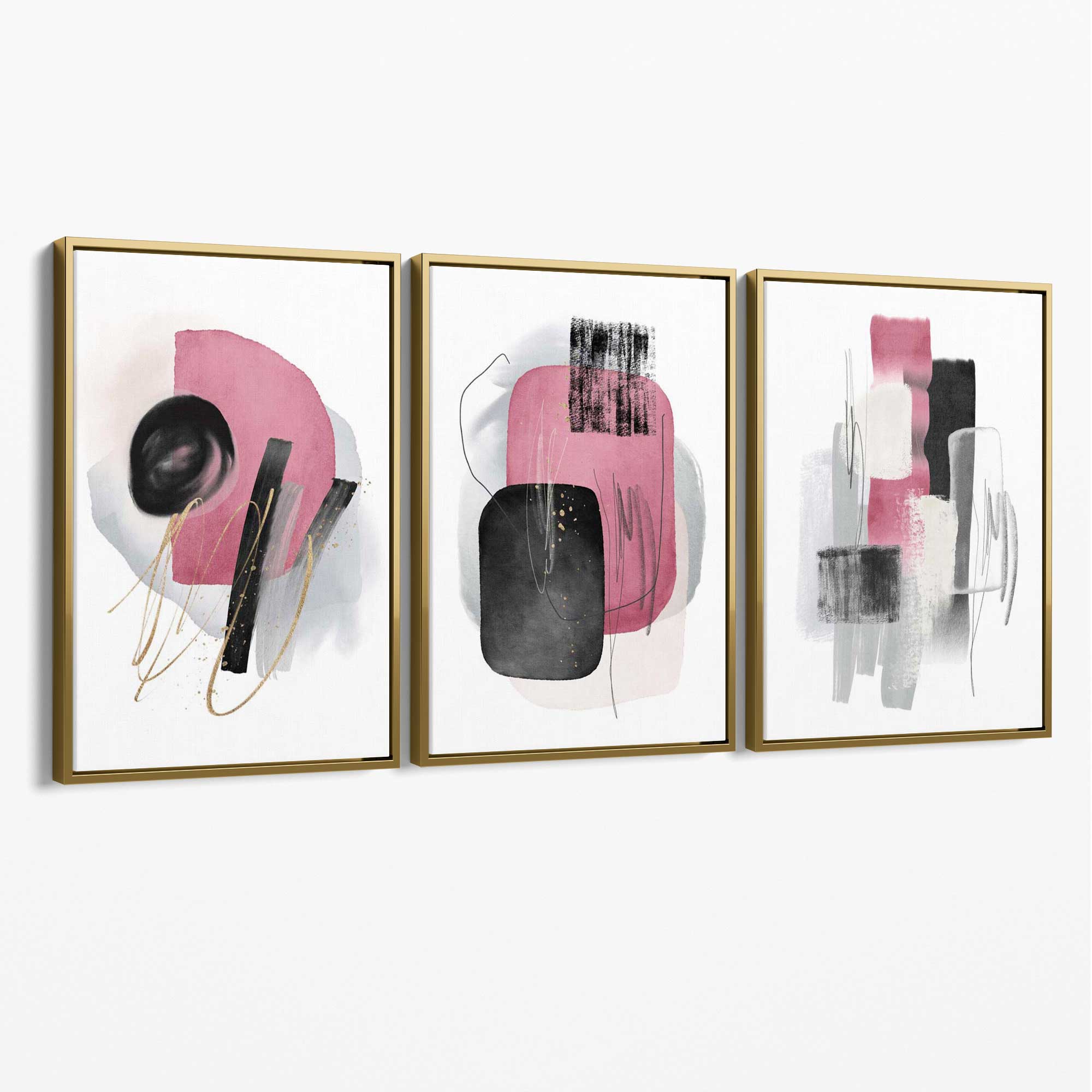 Set of 3 Abstract Black and Pink Watercolour Canvas Art Prints with Gold Float Frame