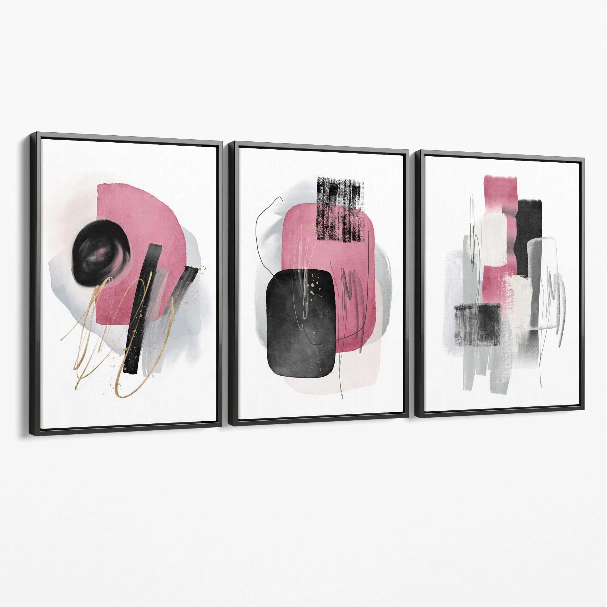 Set of 3 Abstract Black and Pink Watercolour Canvas Art Prints with Grey Float Frame