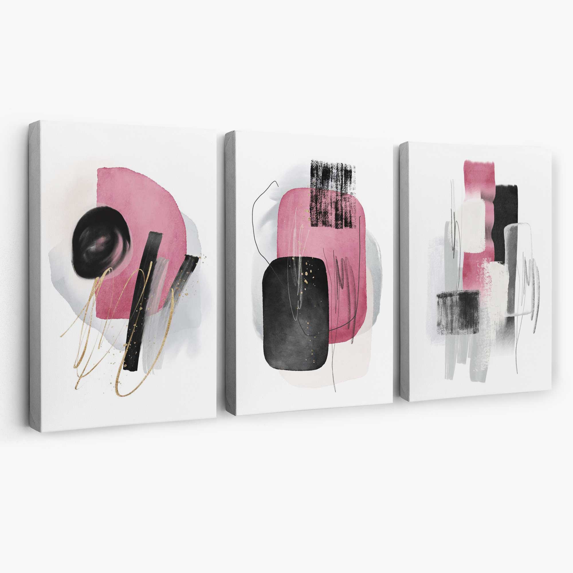 Set of 3 Abstract Black and Pink Watercolour Canvas Art Prints | Artze Wall Art