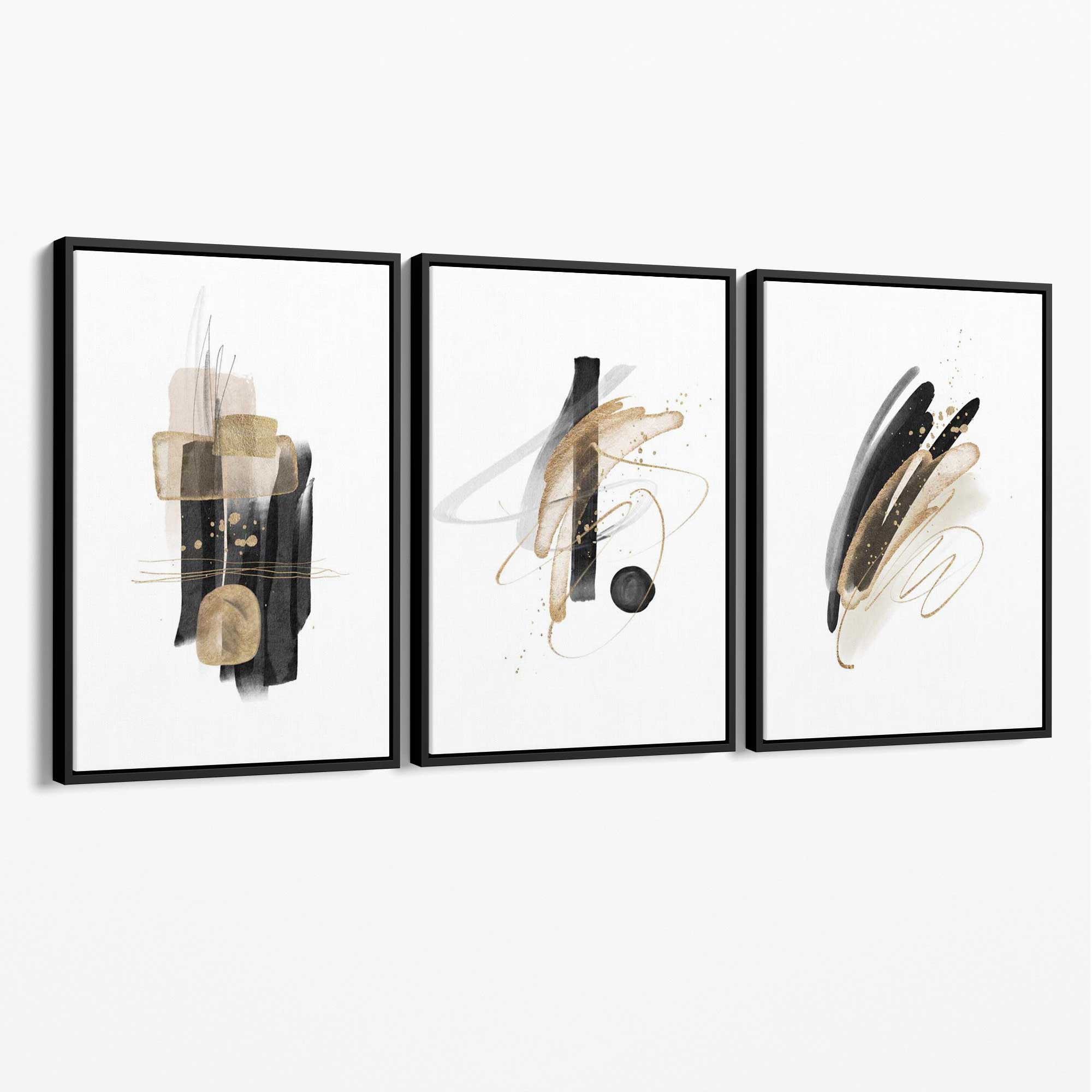 Set of 3 Abstract Black and Gold Fiesta Canvas Art Prints with Black Float Frame