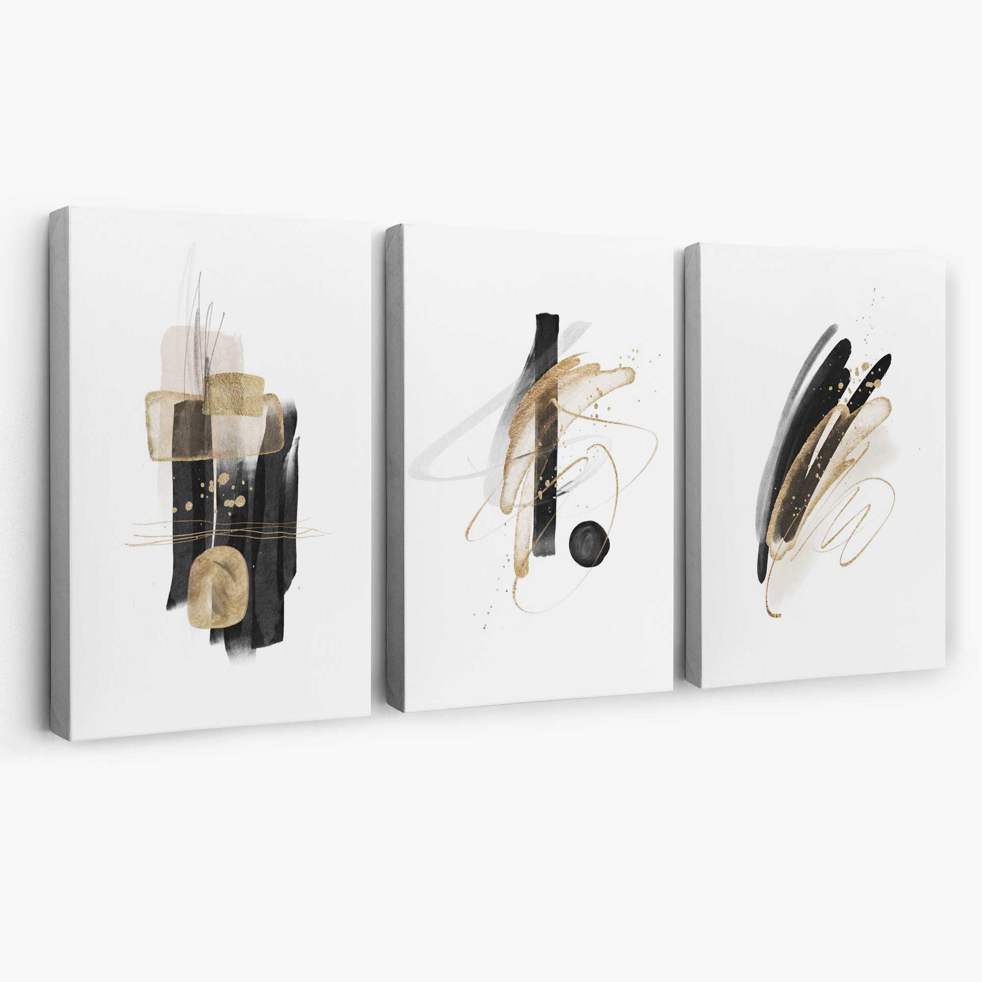 Set of 3 Abstract Black and Gold Fiesta Canvas Art Prints | Artze Wall Art