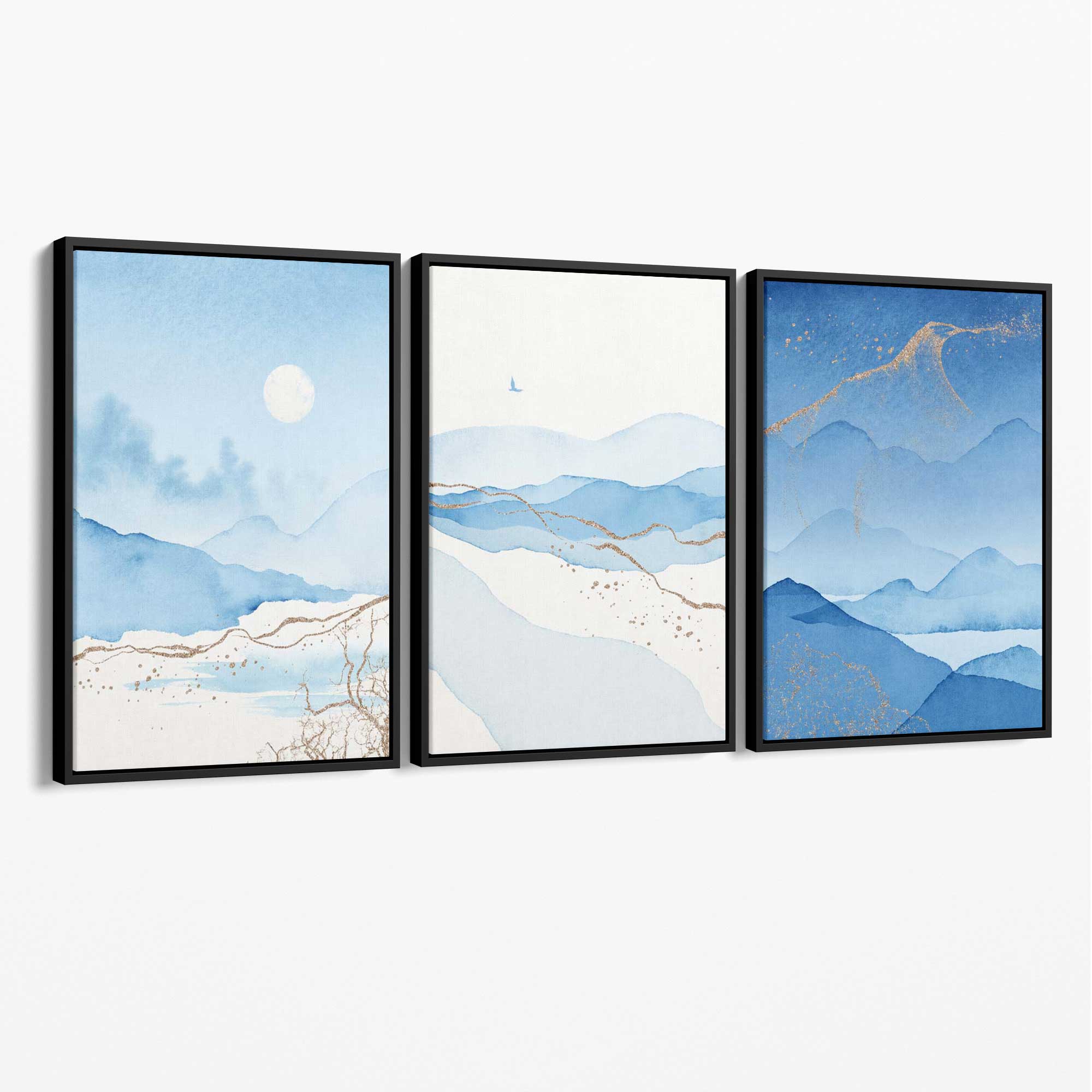 Set of 3 Abstract Blue Ocean Mordros Canvas Art Prints with Black Float Frame