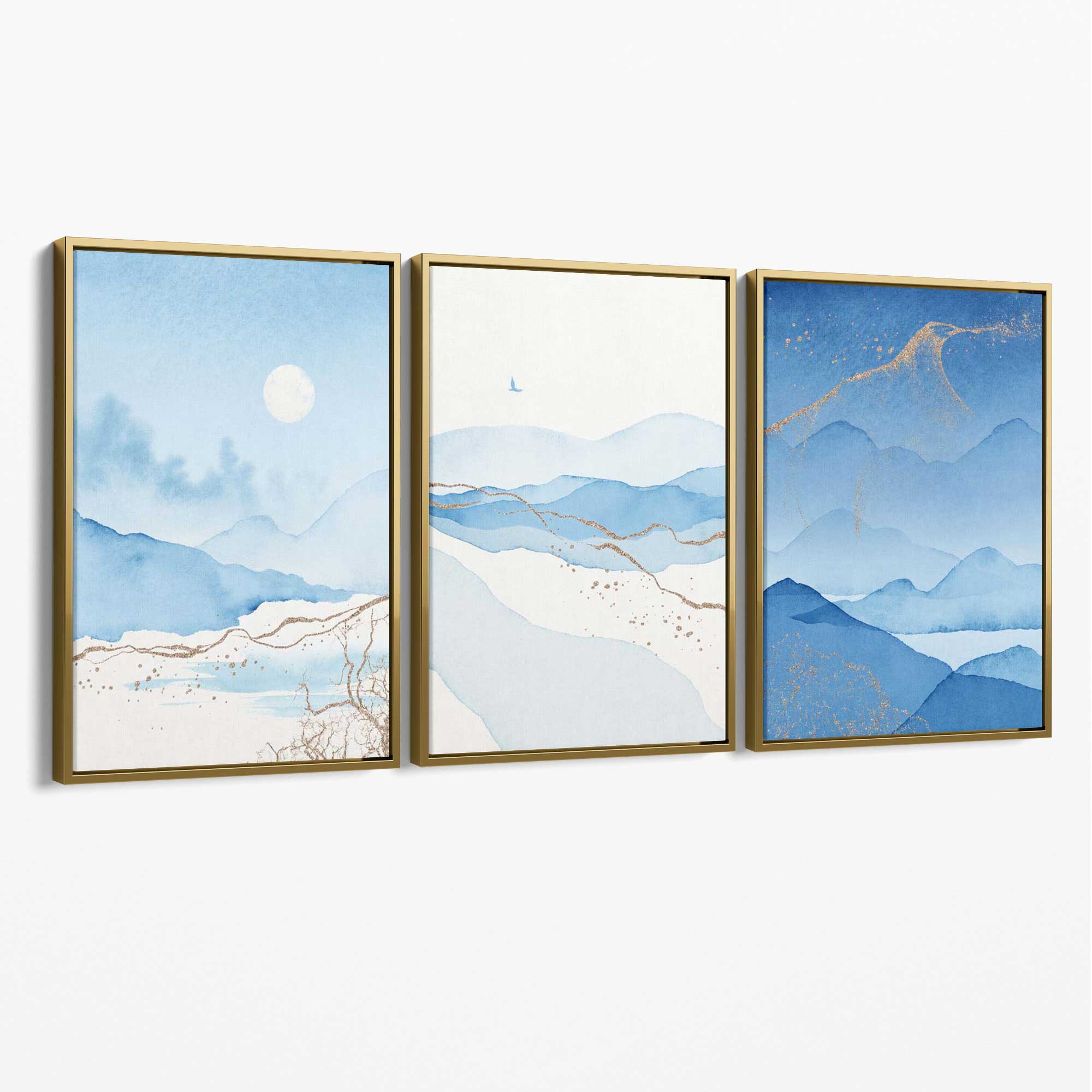 Set of 3 Abstract Blue Ocean Mordros Canvas Art Prints with Gold Float Frame