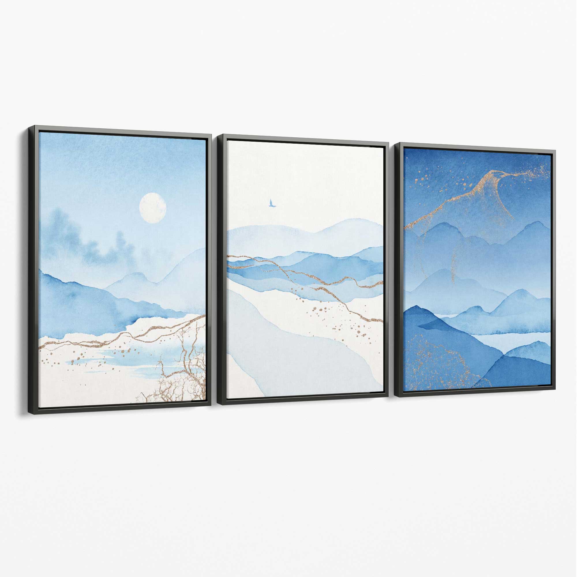 Set of 3 Abstract Blue Ocean Mordros Canvas Art Prints with Grey Float Frame