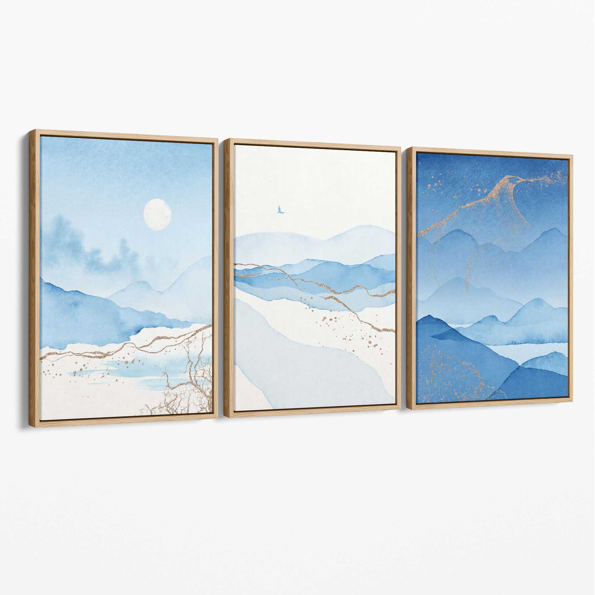 Set of 3 Abstract Blue Ocean Mordros Canvas Art Prints with Oak Float Frame