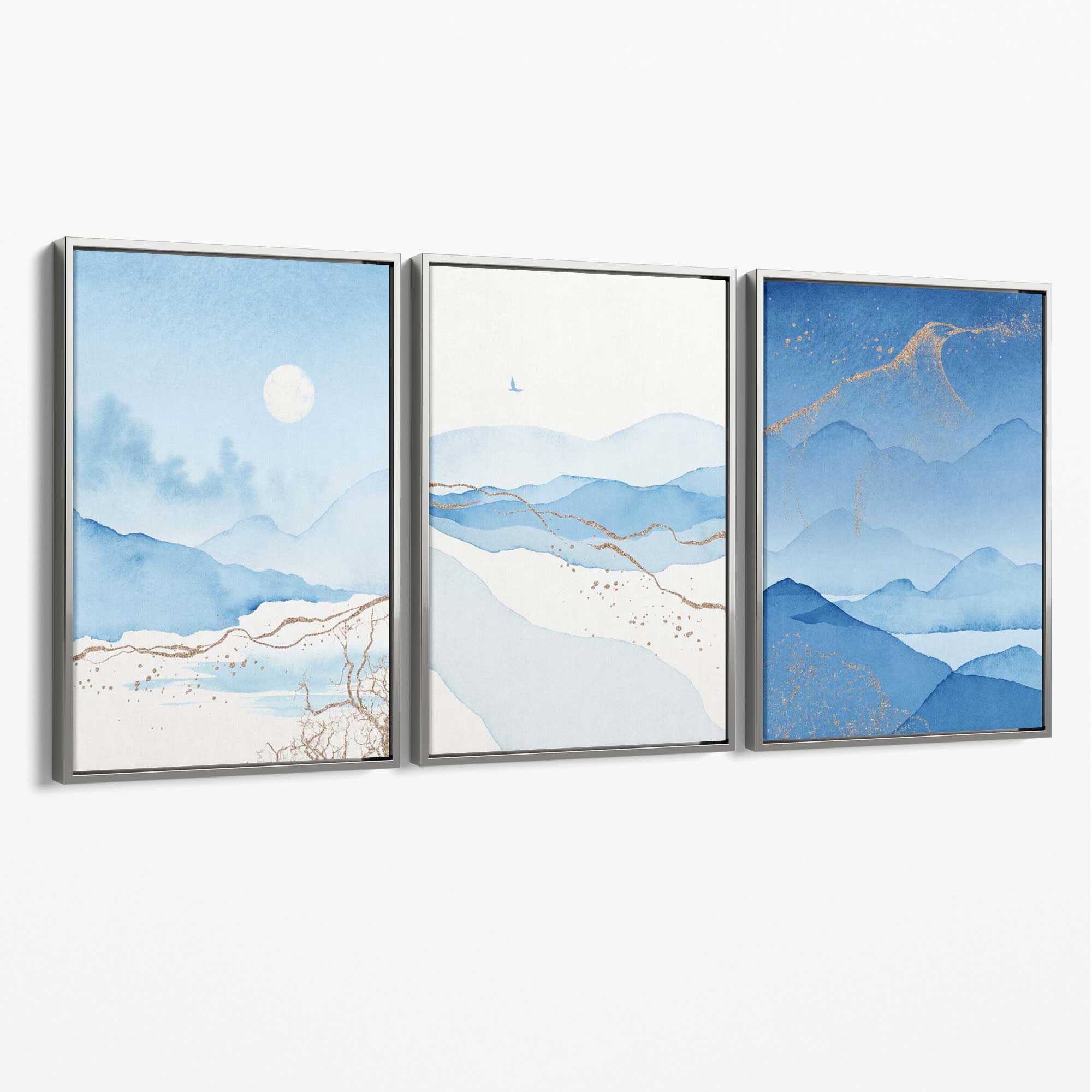 Set of 3 Abstract Blue Ocean Mordros Canvas Art Prints with Silver Float Frame