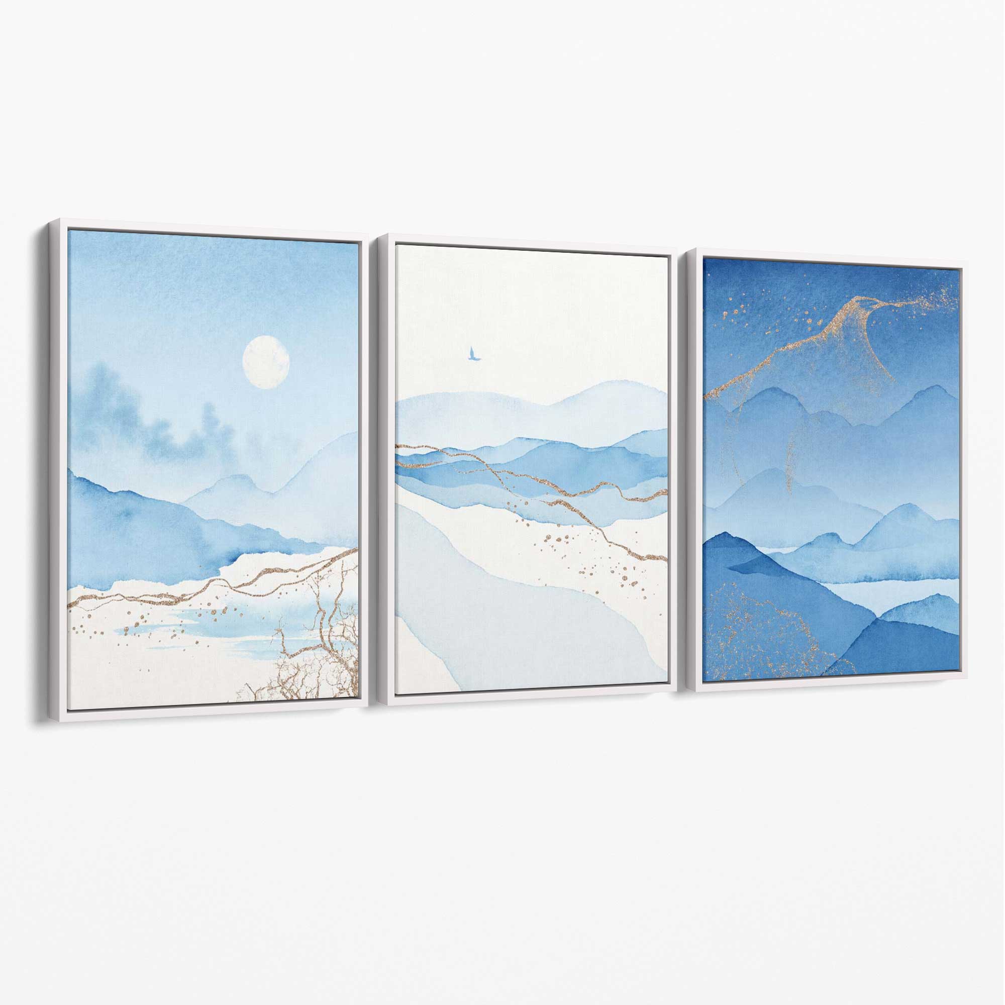 Set of 3 Abstract Blue Ocean Mordros Canvas Art Prints with White Float Frame