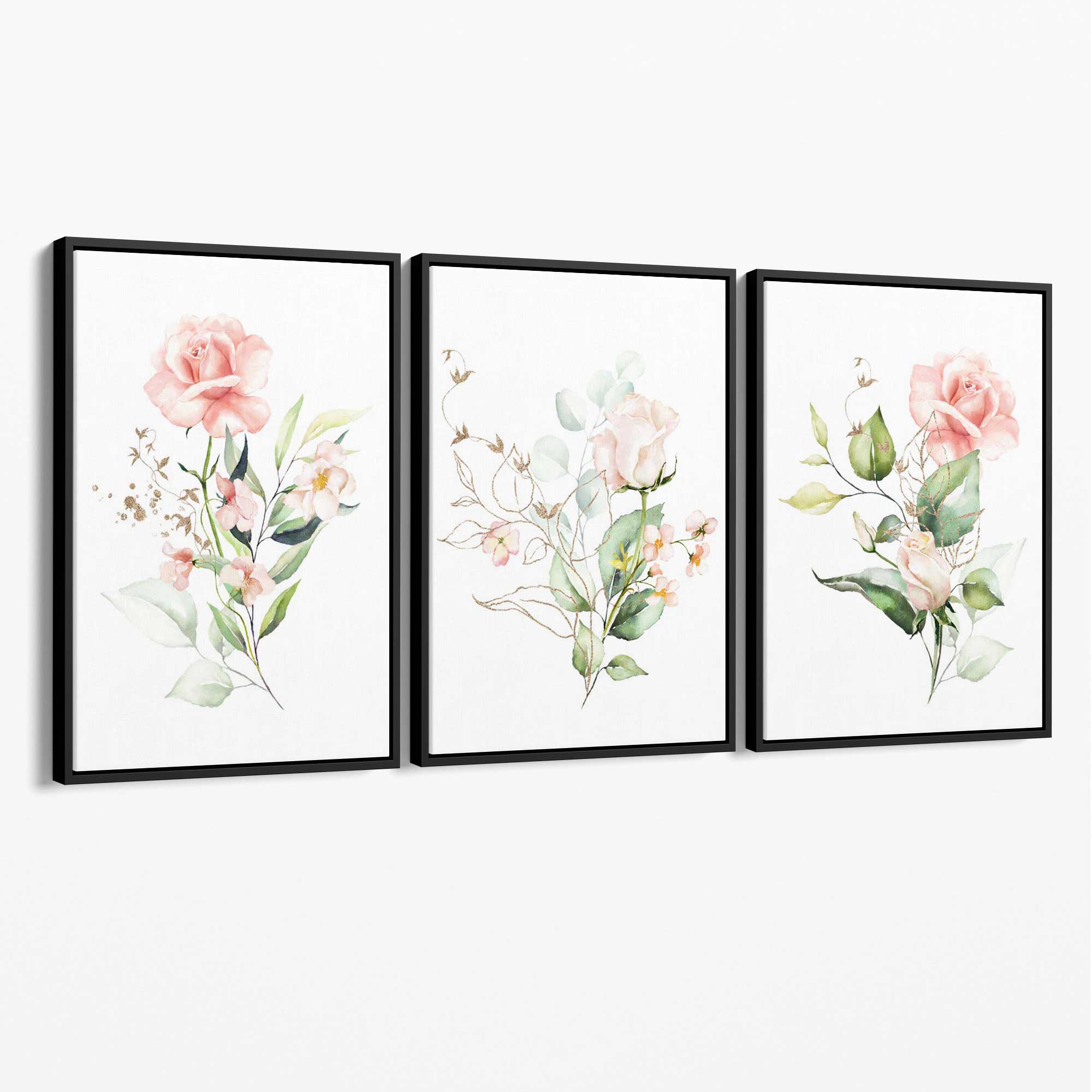 Set of 3 Pink Spring Rose Posies Canvas Art Prints with Black Float Frame