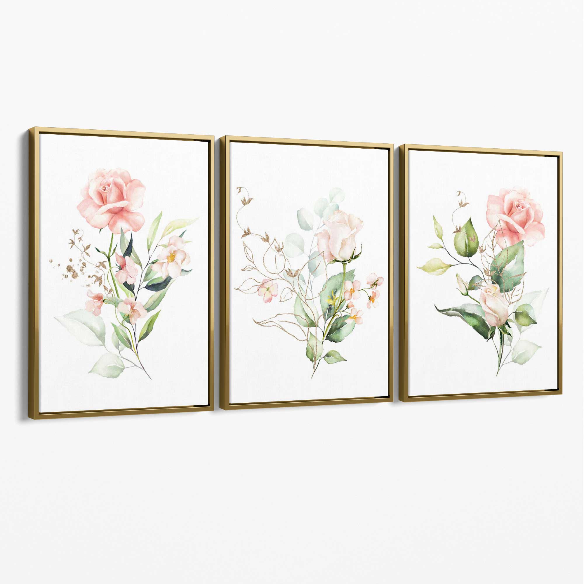 Set of 3 Pink Spring Rose Posies Canvas Art Prints with Gold Float Frame