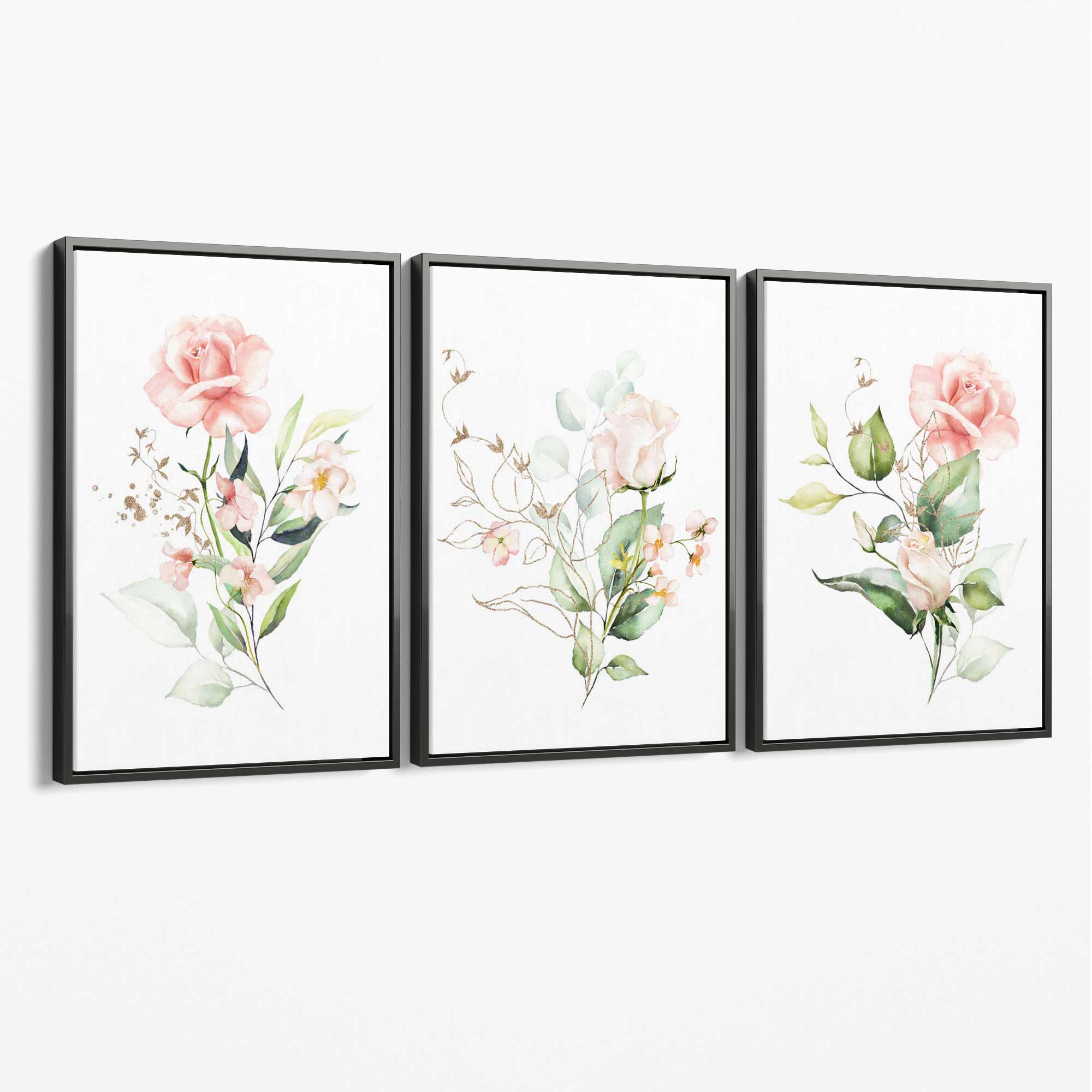 Set of 3 Pink Spring Rose Posies Canvas Art Prints with Grey Float Frame