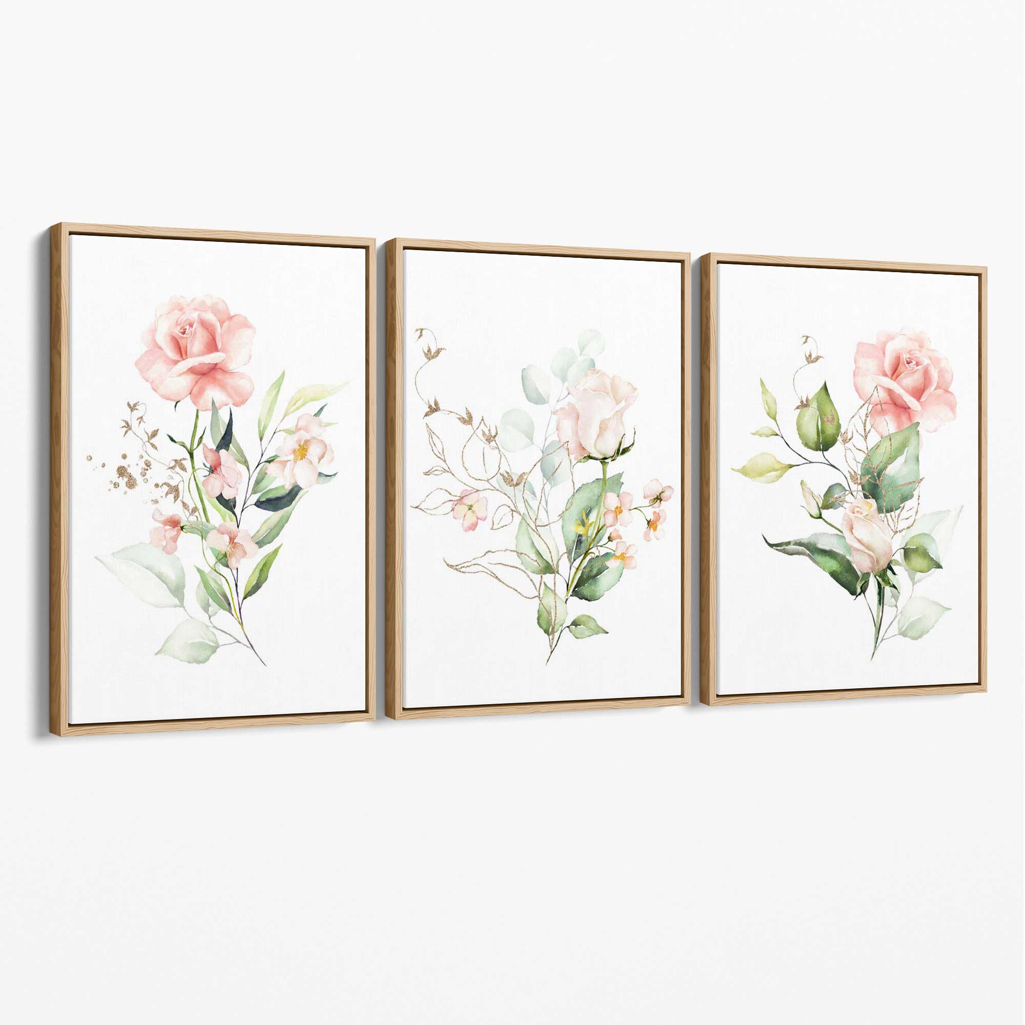 Set of 3 Pink Spring Rose Posies Canvas Art Prints with Oak Float Frame