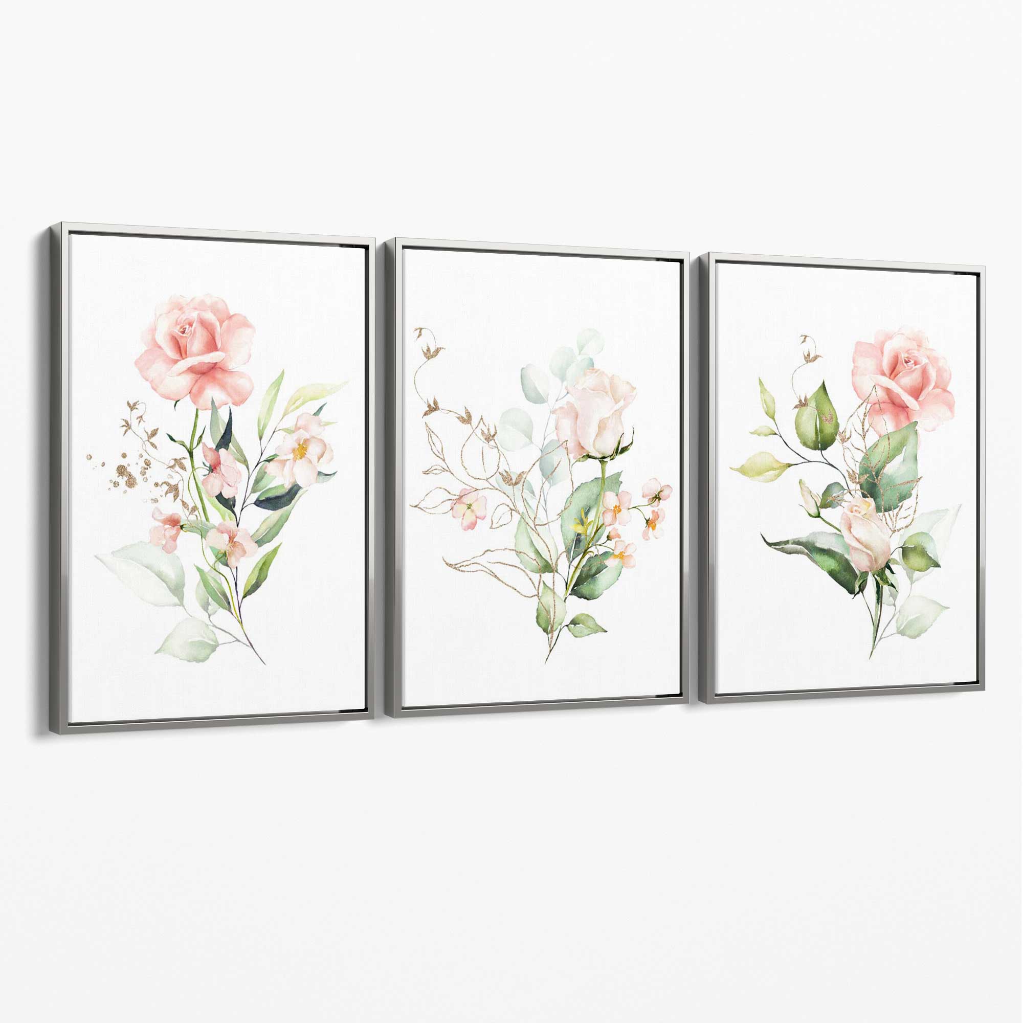 Set of 3 Pink Spring Rose Posies Canvas Art Prints with Silver Float Frame