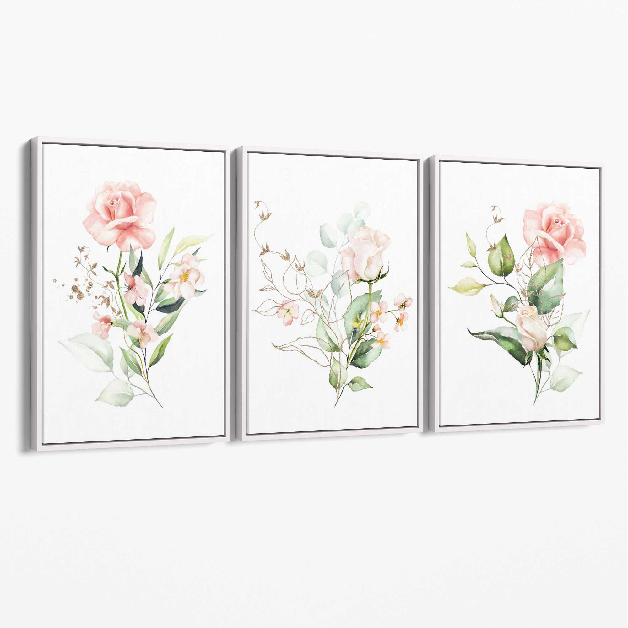 Set of 3 Pink Spring Rose Posies Canvas Art Prints with White Float Frame