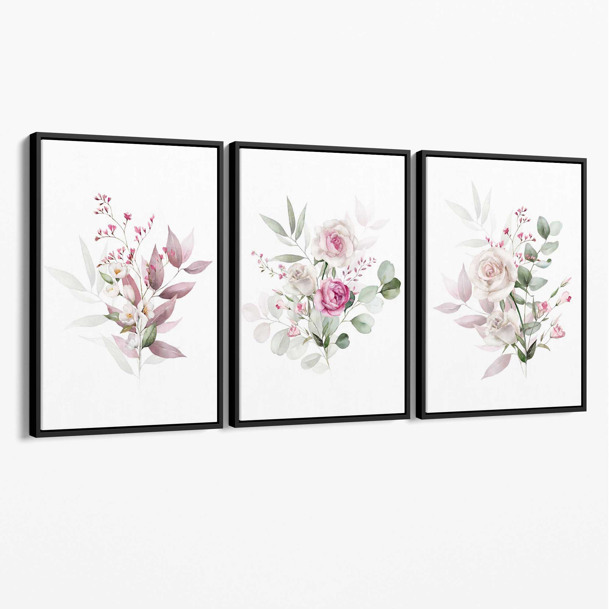 Pink Floral Bouquets Set of 3 Canvas Art Prints with Black Float Frame