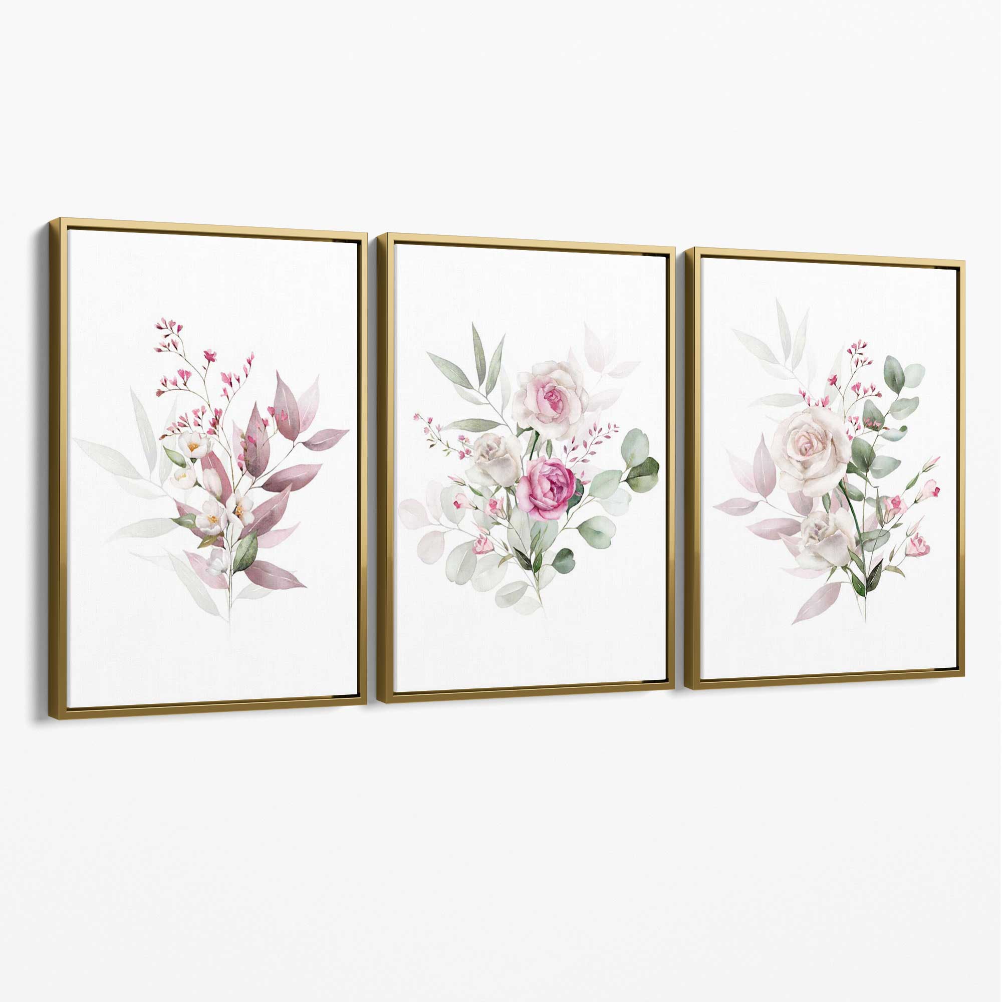 Pink Floral Bouquets Set of 3 Canvas Art Prints with Gold Float Frame