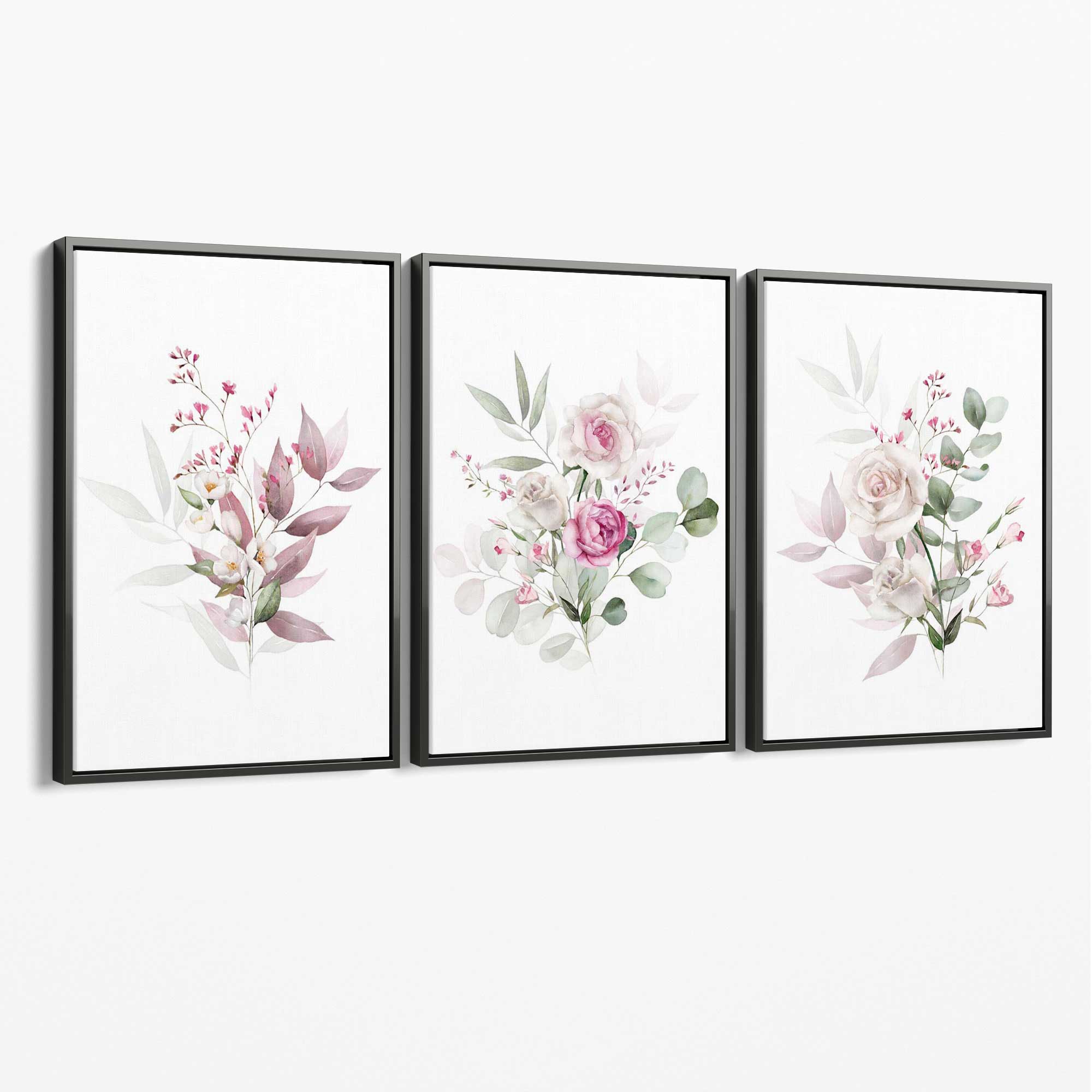 Pink Floral Bouquets Set of 3 Canvas Art Prints with Grey Float Frame