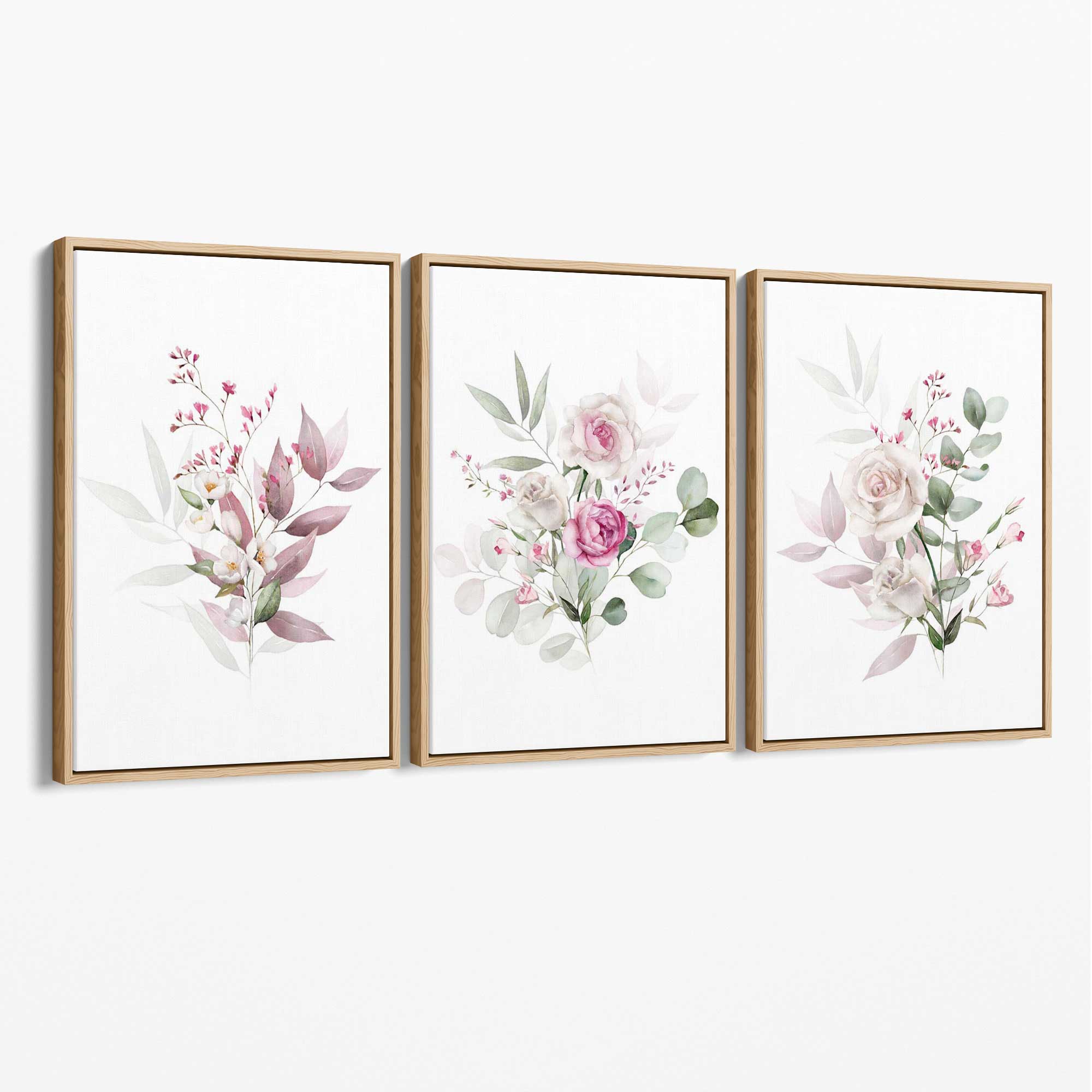 Pink Floral Bouquets Set of 3 Canvas Art Prints with Oak Float Frame